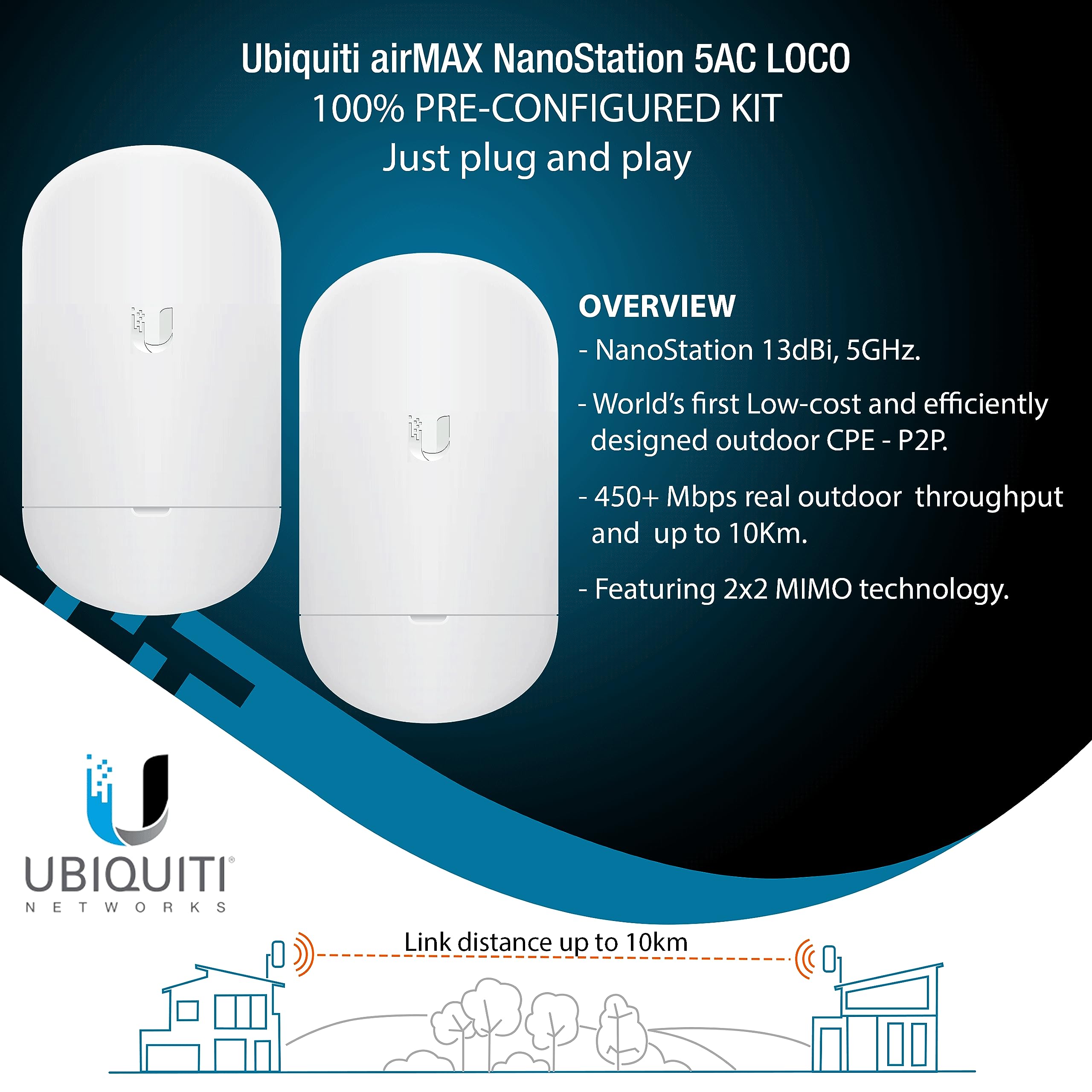 Wireless Bridge Ubiquiti Loco5Ac Pre Configured, Bundle Of 2 Ubiquiti Nanostation Loco 5Ac, Point To Point Outdoor Wifi Bridge,