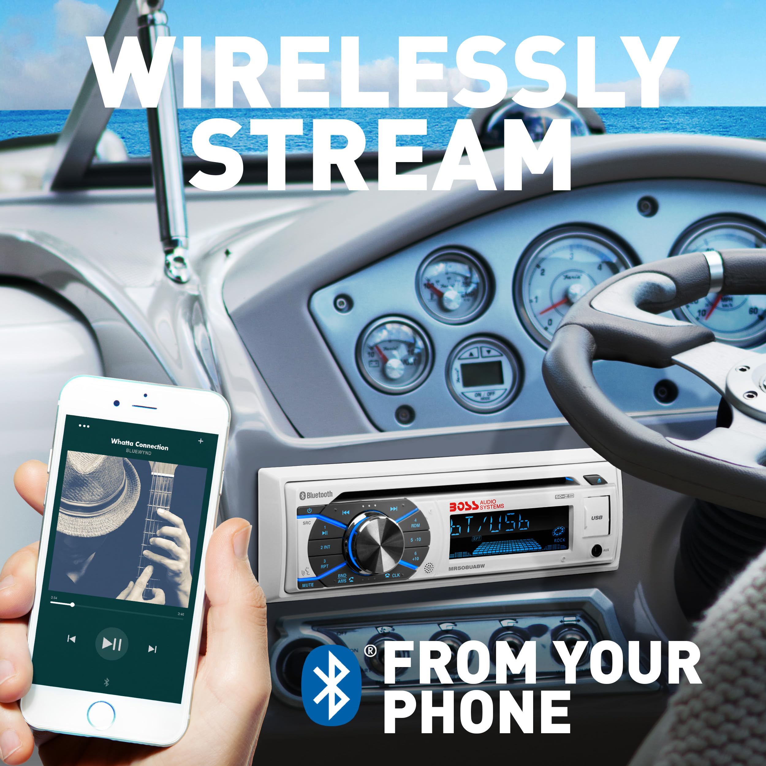 Boss Audio Systems Mr508Uabw Marine Boat Stereo   Single Din, Bluetooth Audio And Calling Head Unit, Am/Fm Radio Receiver, Cd Pl