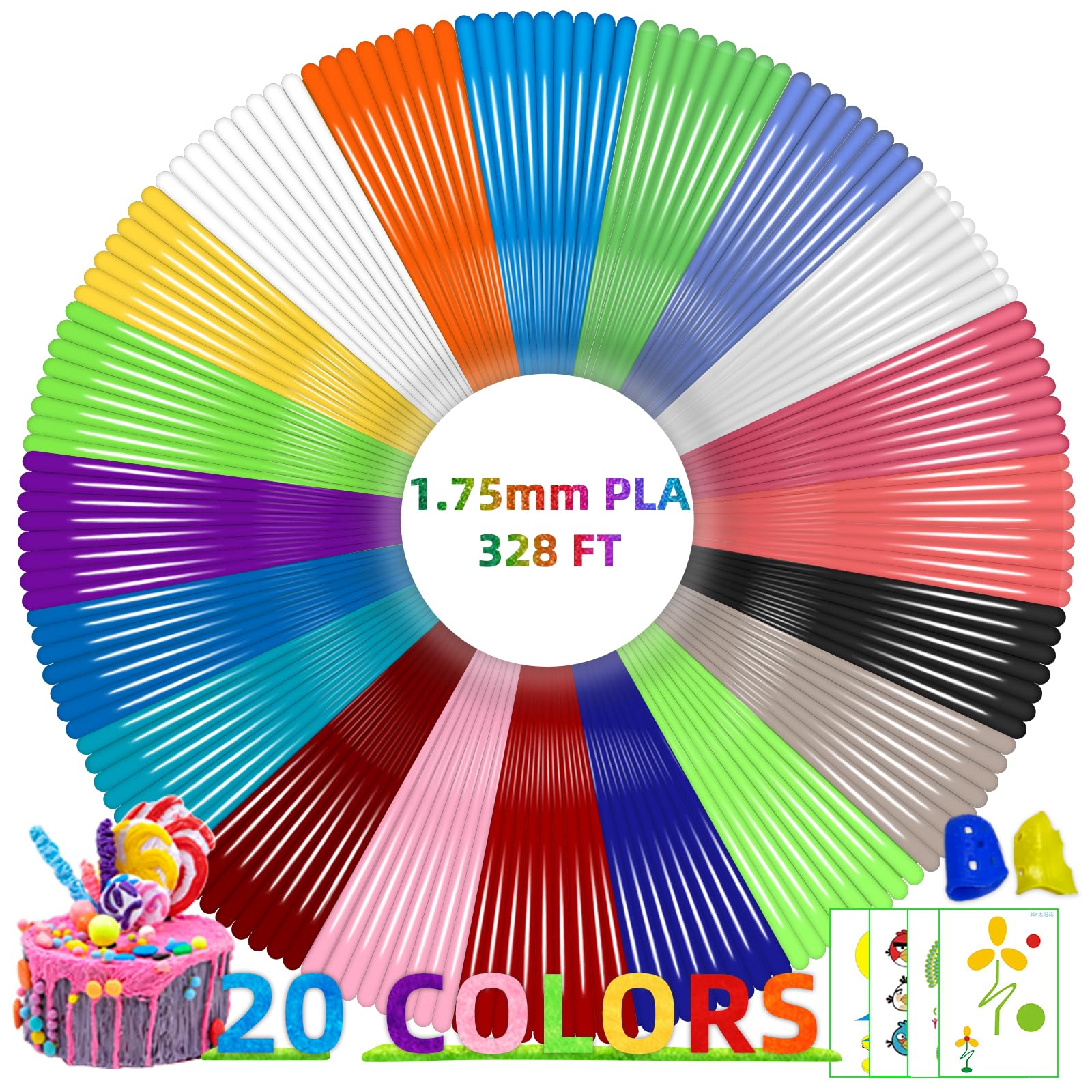 Geeetech 20 Colors Pla 3D Pen Filament Refills, 1.75Mm 3D Pen Filament, Each Color 16.4Ft, Total 328Ft, Pack With 2 Finger Caps