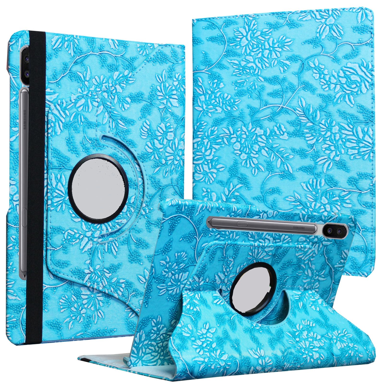 Jytrend Case For Galaxy Tab S8 (2022) / Tab S7 (2020) 11 Inch, Rotating Stand Cover For Model Sm T870 Sm T875 Sm T878U Sm X700 Sm X706 X706B X706U X706N, Embossed Blue Flower