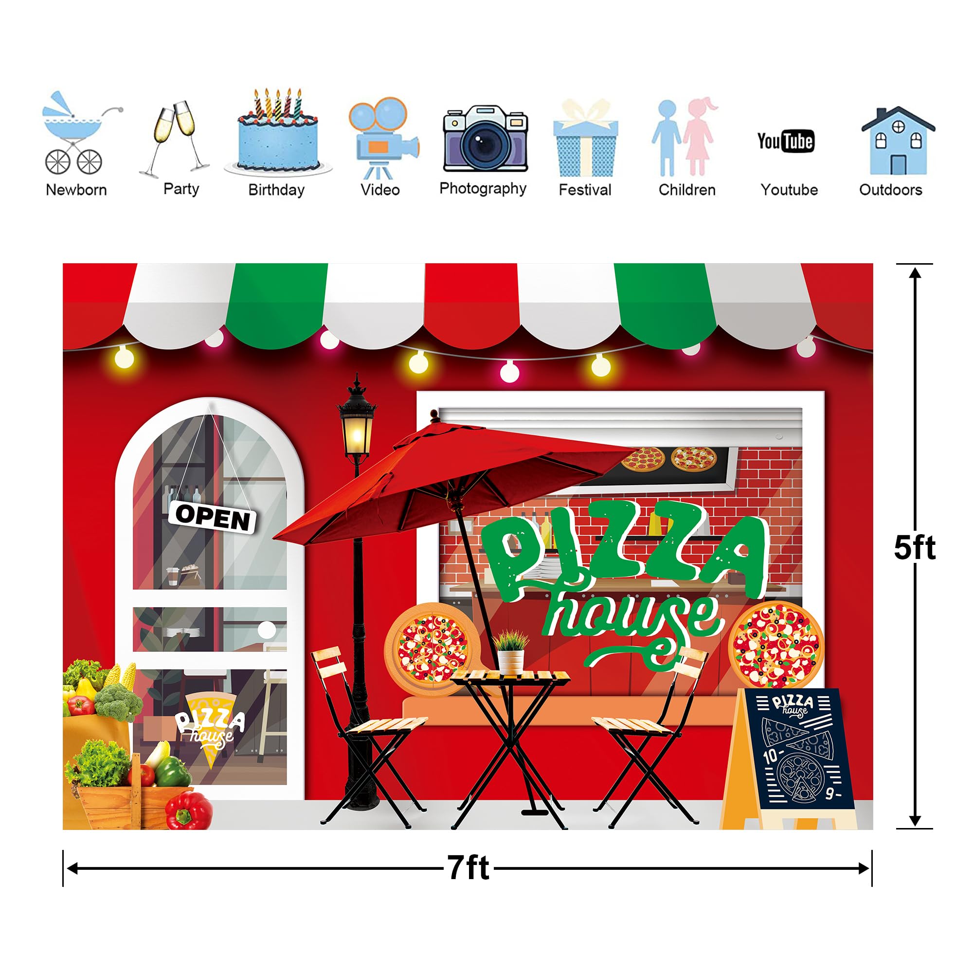 Glawry Pizza Shop Backdrop 7Wx5H Feet Kids Vegetables Fruits Boys Girls Cooking Theme Vintage Pizzeria Shop Party Birthday Baby