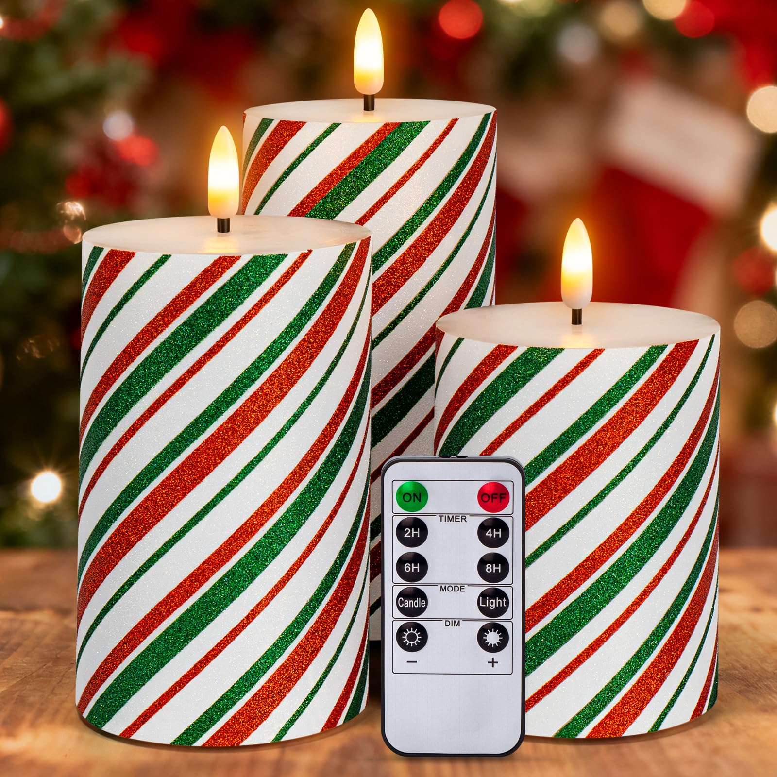 Yongmao Red Green Stripe Flameless Pillar Candles with Timer, Real Wax Flickering Battery Operated Candles for Christmas Holiday