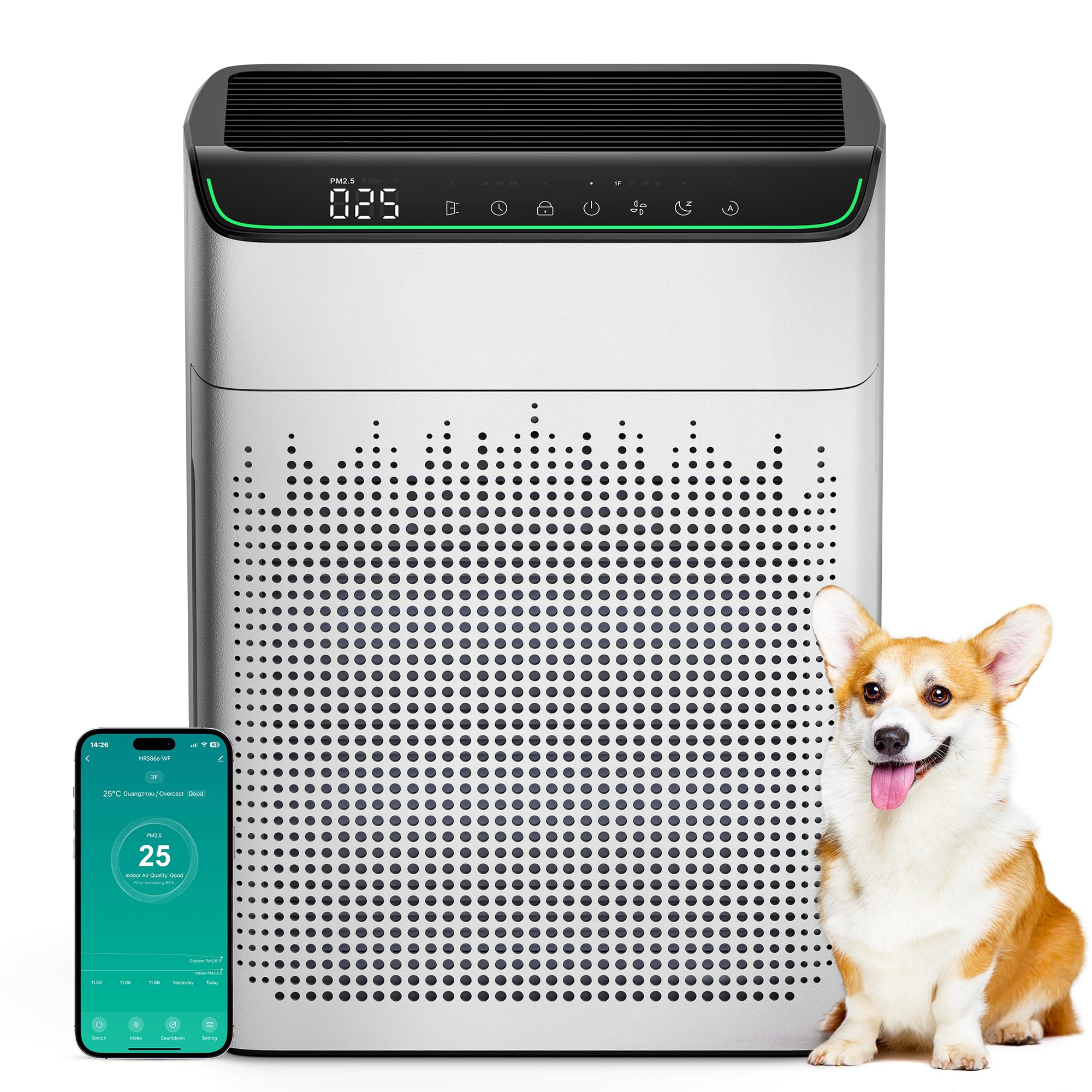 MERONTE Air Purifier for Home Large Room up to 1690 ft, HEPA Filter with PM 2.5 Monitor, WiFi and Alexa Compatible, Dual Air Int