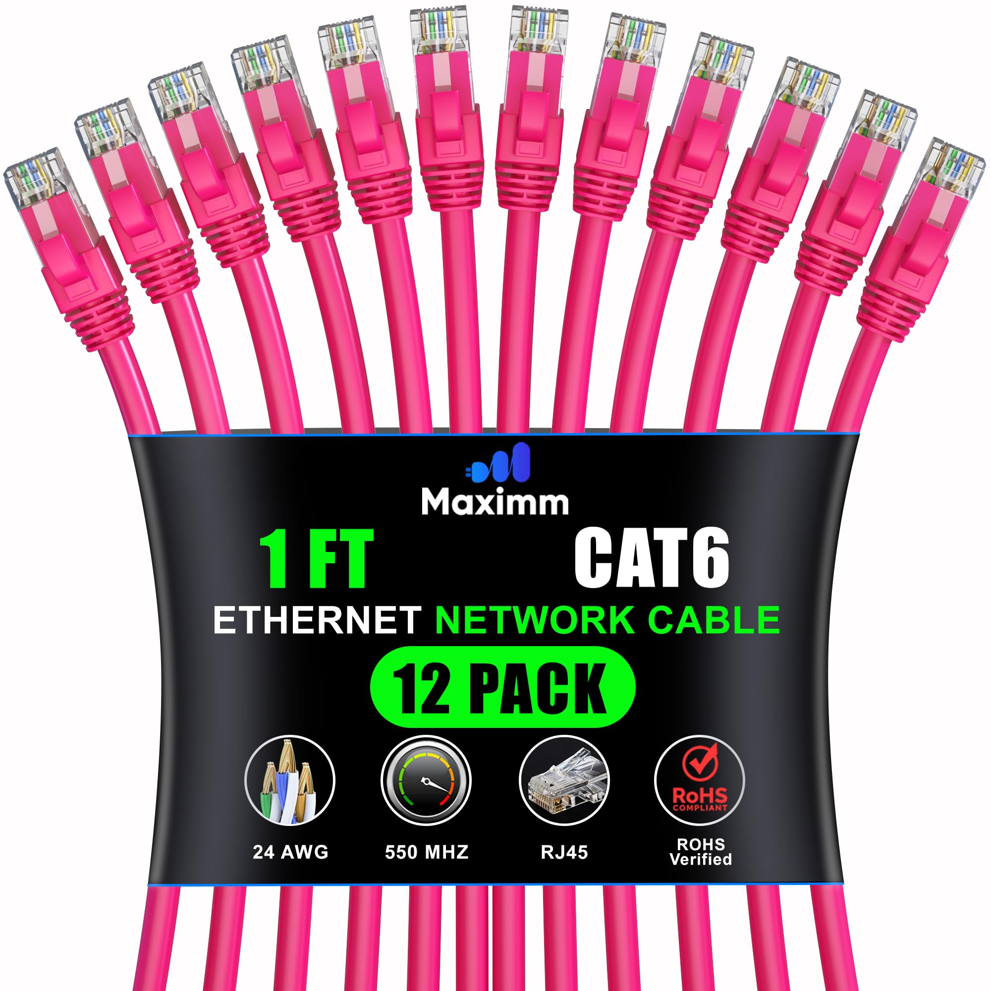 Maximm Cat 6 Ethernet Cable 1 Ft (12 Pack)   High Speed Lan Cable, Internet Cable, Patch Cable, And Network Cable   Utp, 10Gbps, 550Mhz Ethernet Cord   Pink