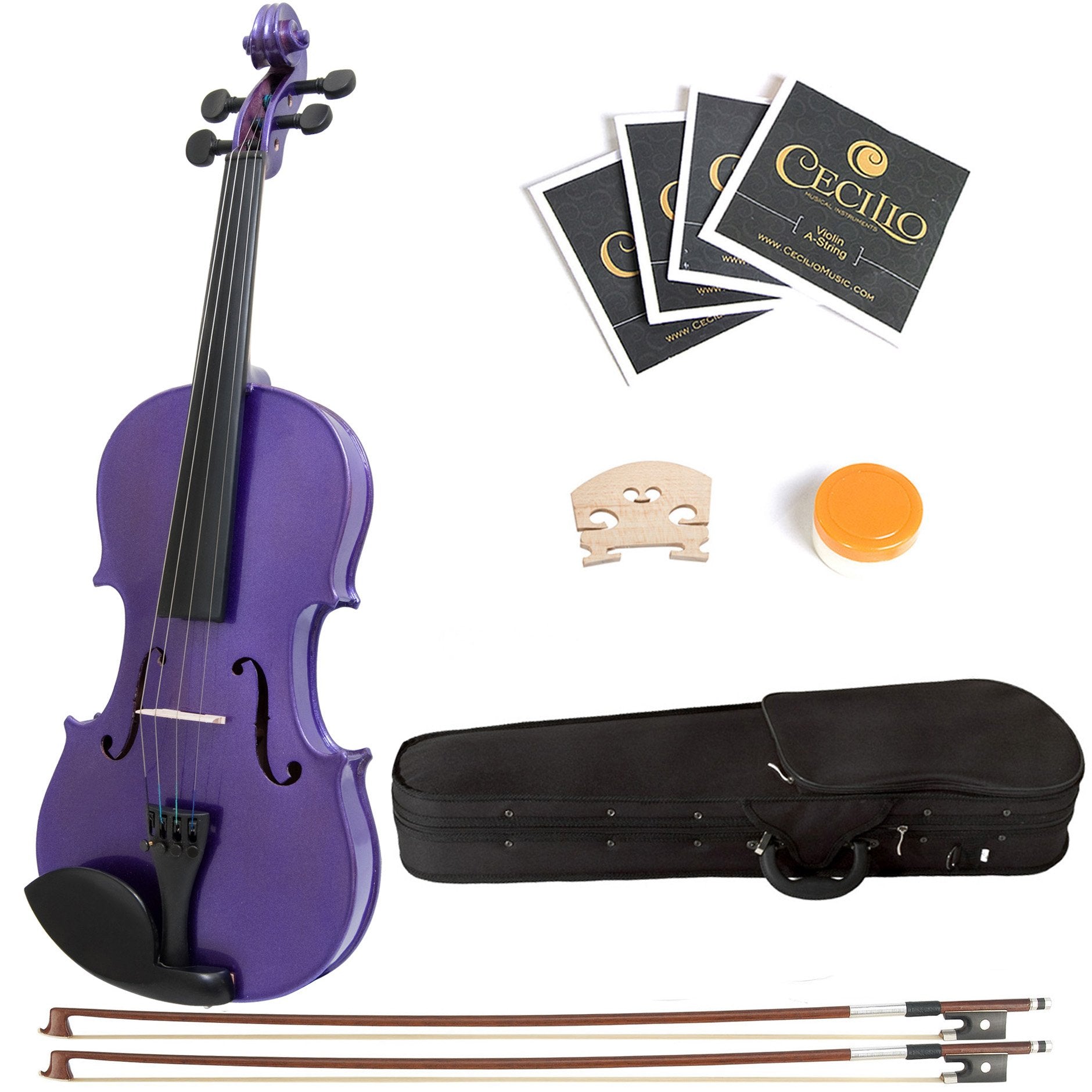 Mendini 1/32 MV Solid Wood Purple Violin with Hard Case, Bow, Rosin and Extra Strings, Purple