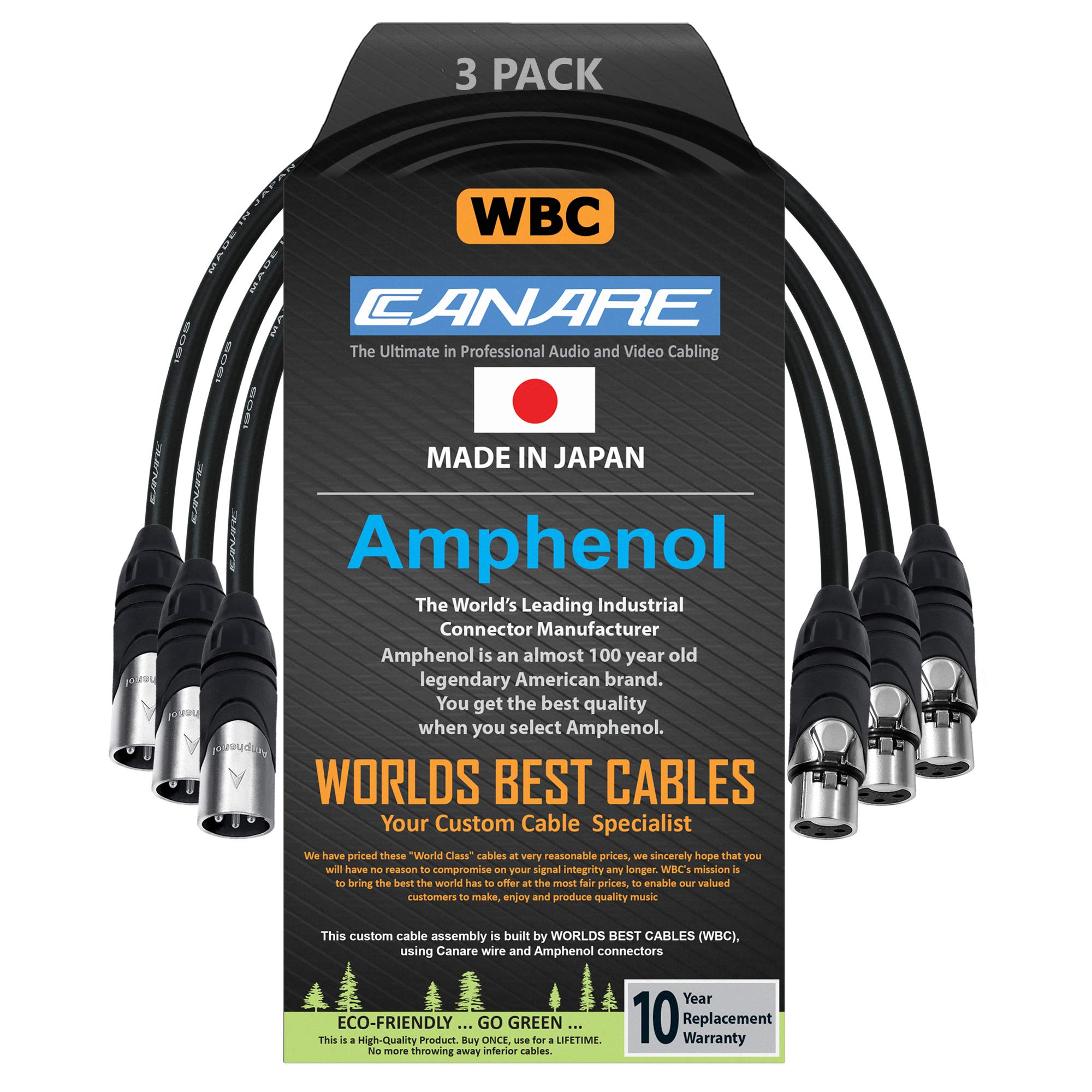 Worlds Best Cables 3 Units   1 Foot   Canare L 4E6S, Star Quad Balanced Male To Female Microphone Cables With Amphenol Ax3M & Ax3F Silver Xlr Connectors   Custom Made