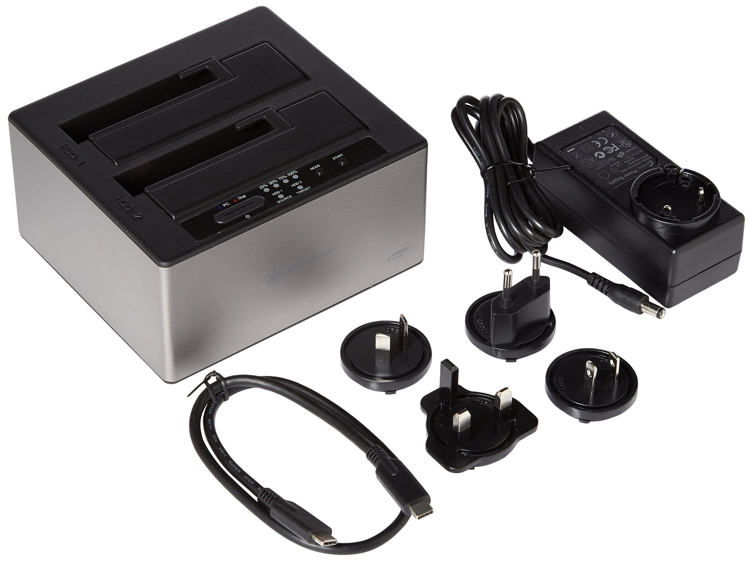 SilverStone Technology 3.5" and 2.5" External Hard Drive Dock USB 3.1 Type-C Gen 2 Offline Clone JBOD Silver TS12C