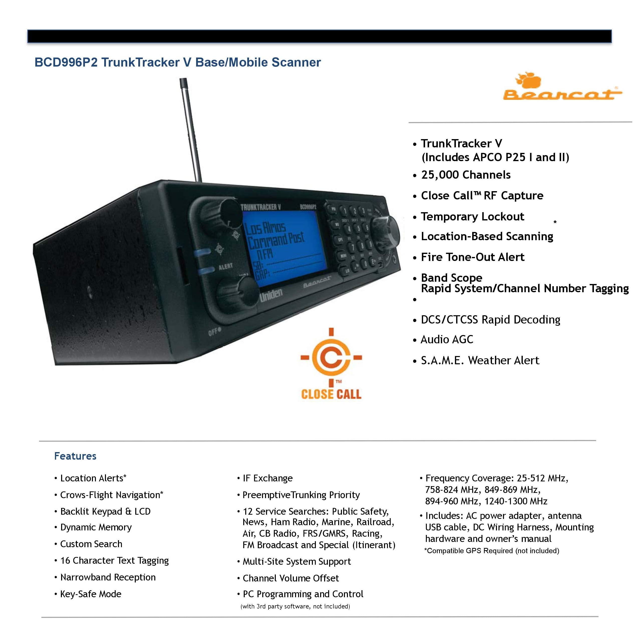 Uniden Bcd996P2 Digital Mobile Trunktracker V Scanner, 25,000 Dynamically Allocated Channels, Close Call Rf Capture Technology,