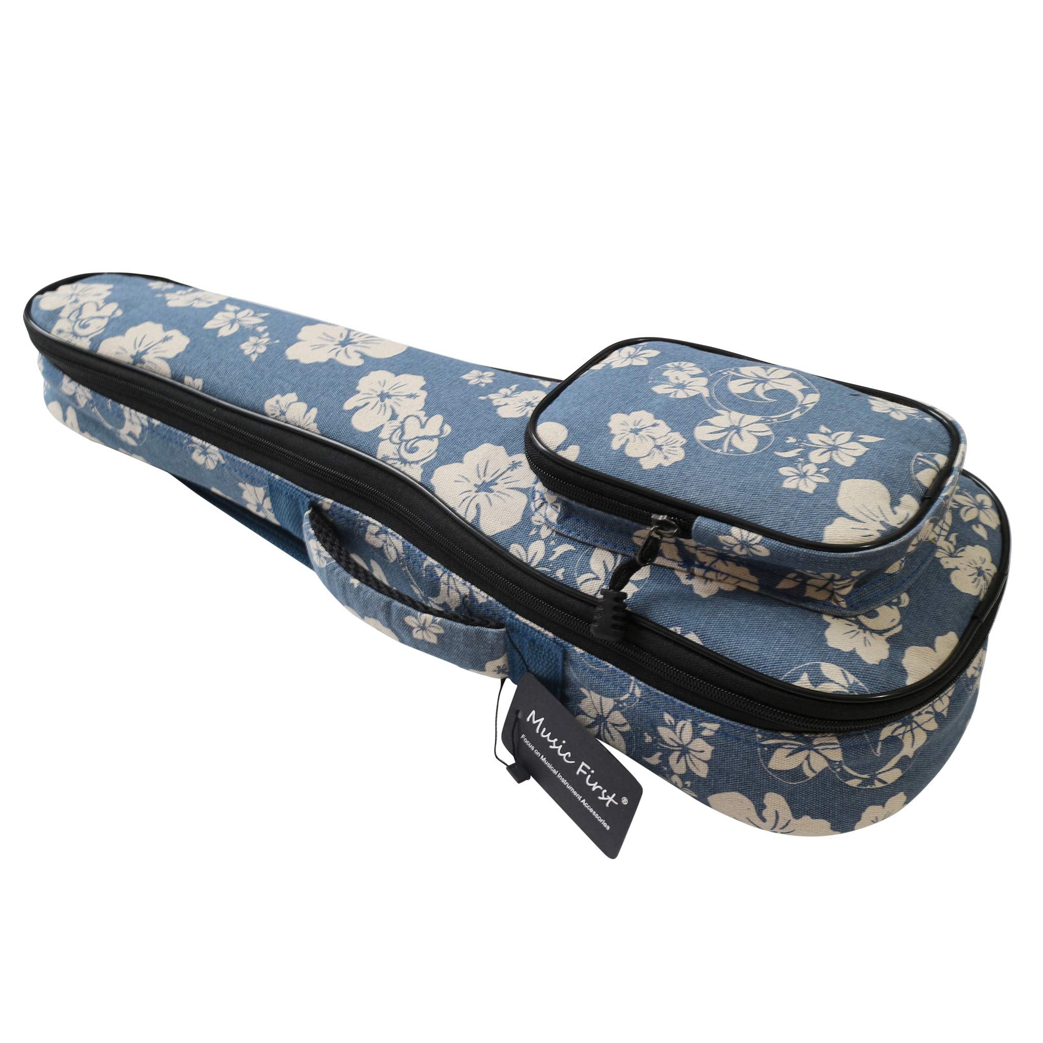 Music First Original Design 0.5 '' Thick Padded Hawaii Style Blue And White Plumeria    Canvas Ukulele Case, Ukulele Bag, Ukulel