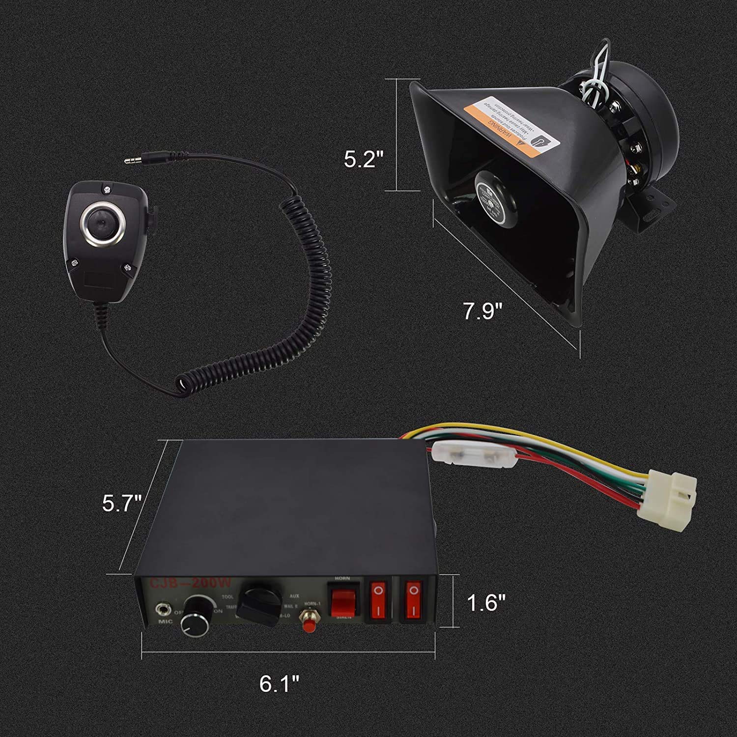 Safego 200W Car Security Siren System, 9 Tones, Handheld Microphone, Emergency Pa, Universal Fit, 12V Dc, 120Db, B200W