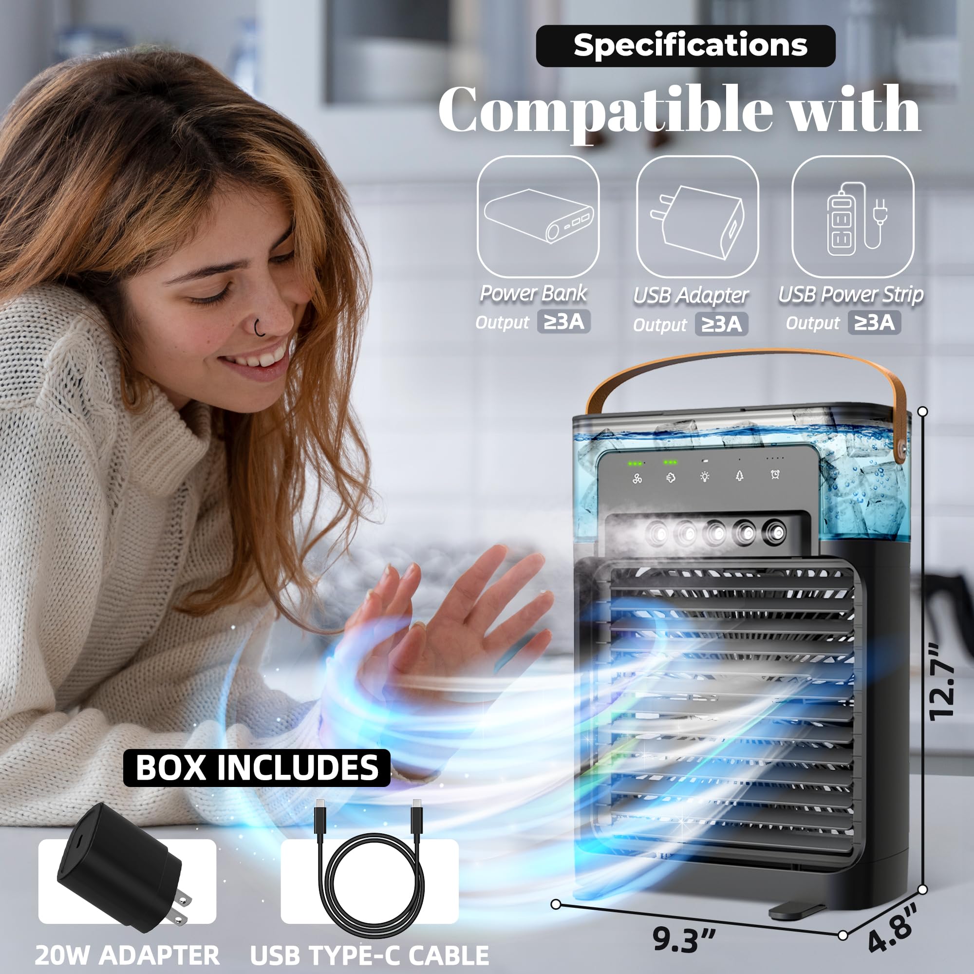 Portable Air Conditioner With Cooling Mist And Remote, Quiet Comfort With 4 Speeds, Xl 1200Ml Tank, Personal Ac Fan With 5 Mists
