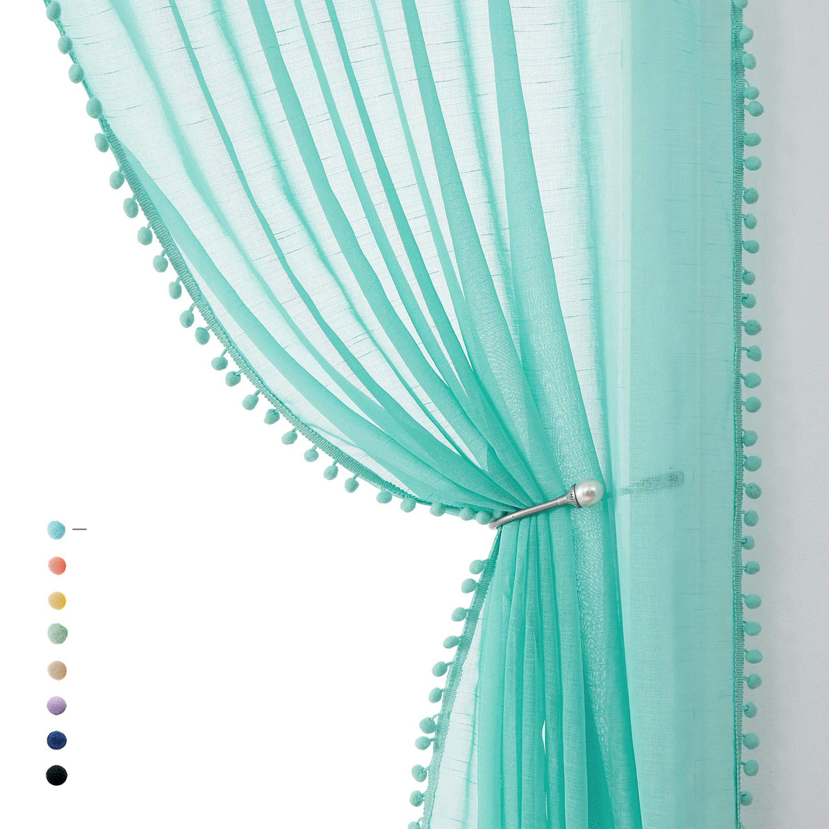 Treatmentex Aqua-Blue Pom-Pom Sheer Curtains For Bedroom Nursery Room 63Inches Long Linen Textured Window Sheer Drapes 52'' W, 1