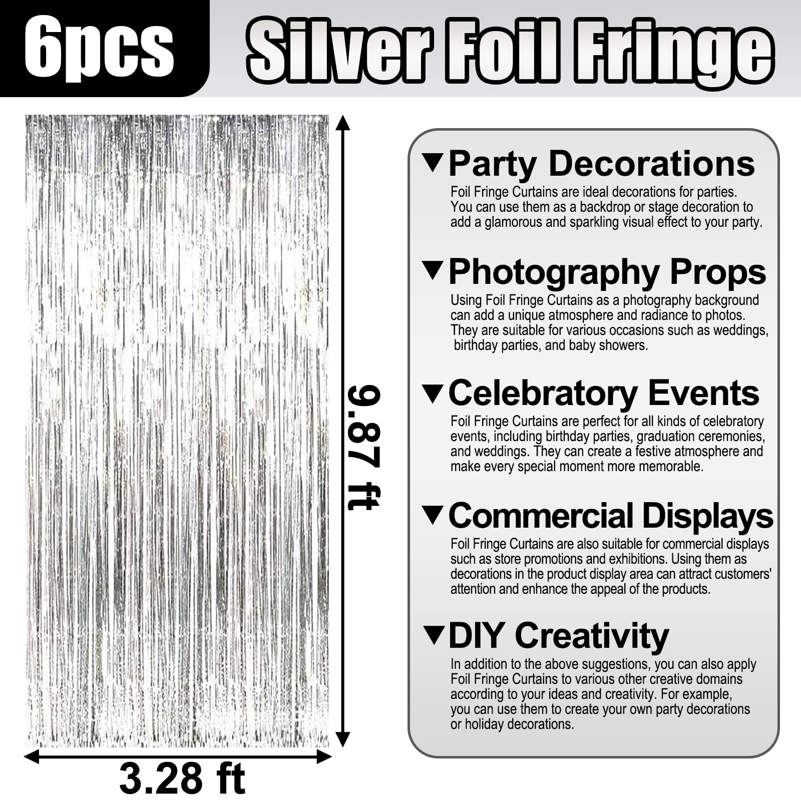 6 Pack Silver Foil Fringe Curtain Backdrop, 3.28Ft X 9.8Ft Metallic Tinsel Foil Fringe Streamer Curtains For Photo Booth, Christ
