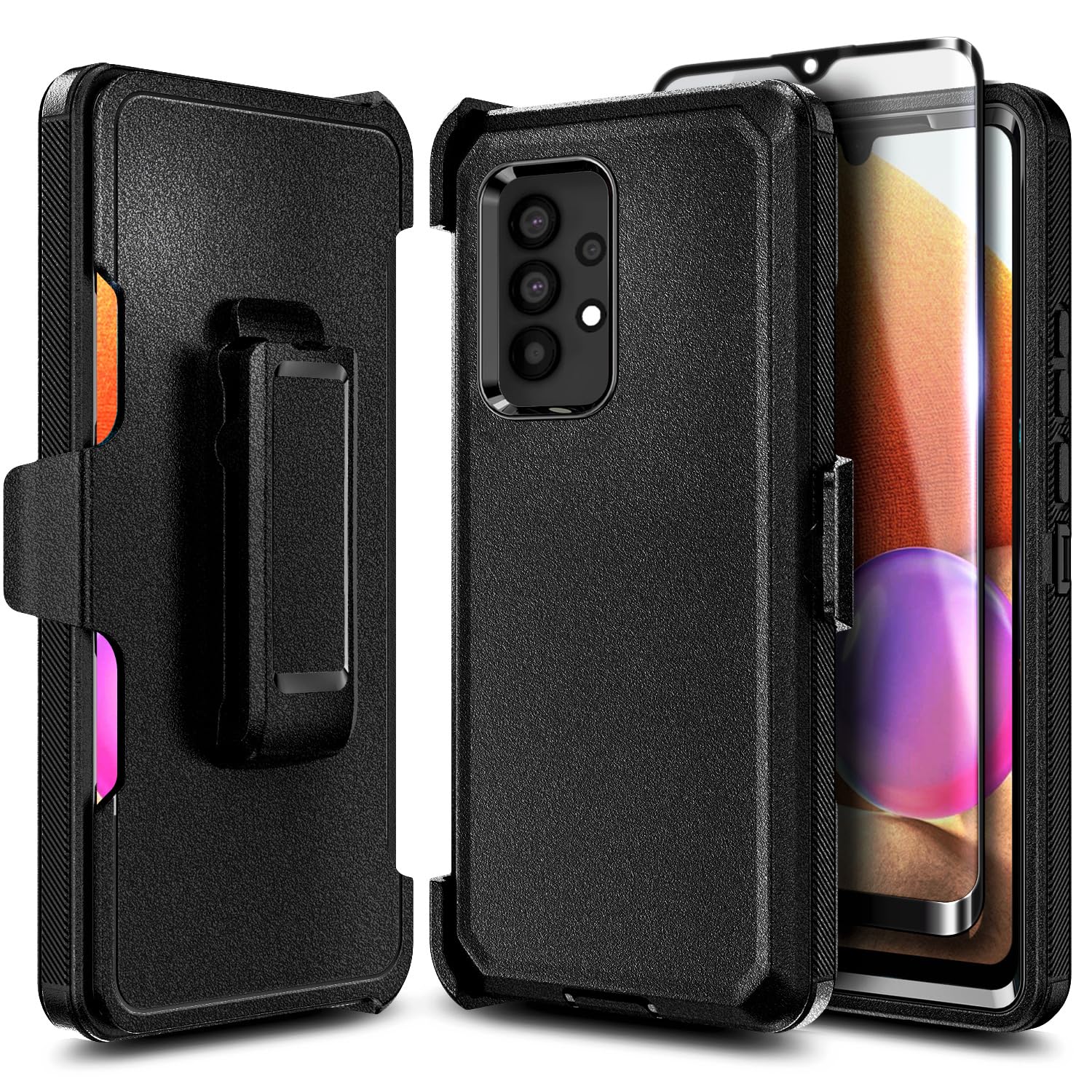 NZND Designed for Galaxy A32 5G Case, Samsung A32 5G Phone Case with Tempered Glass Screen Protector, Belt Clip Holster Built-in