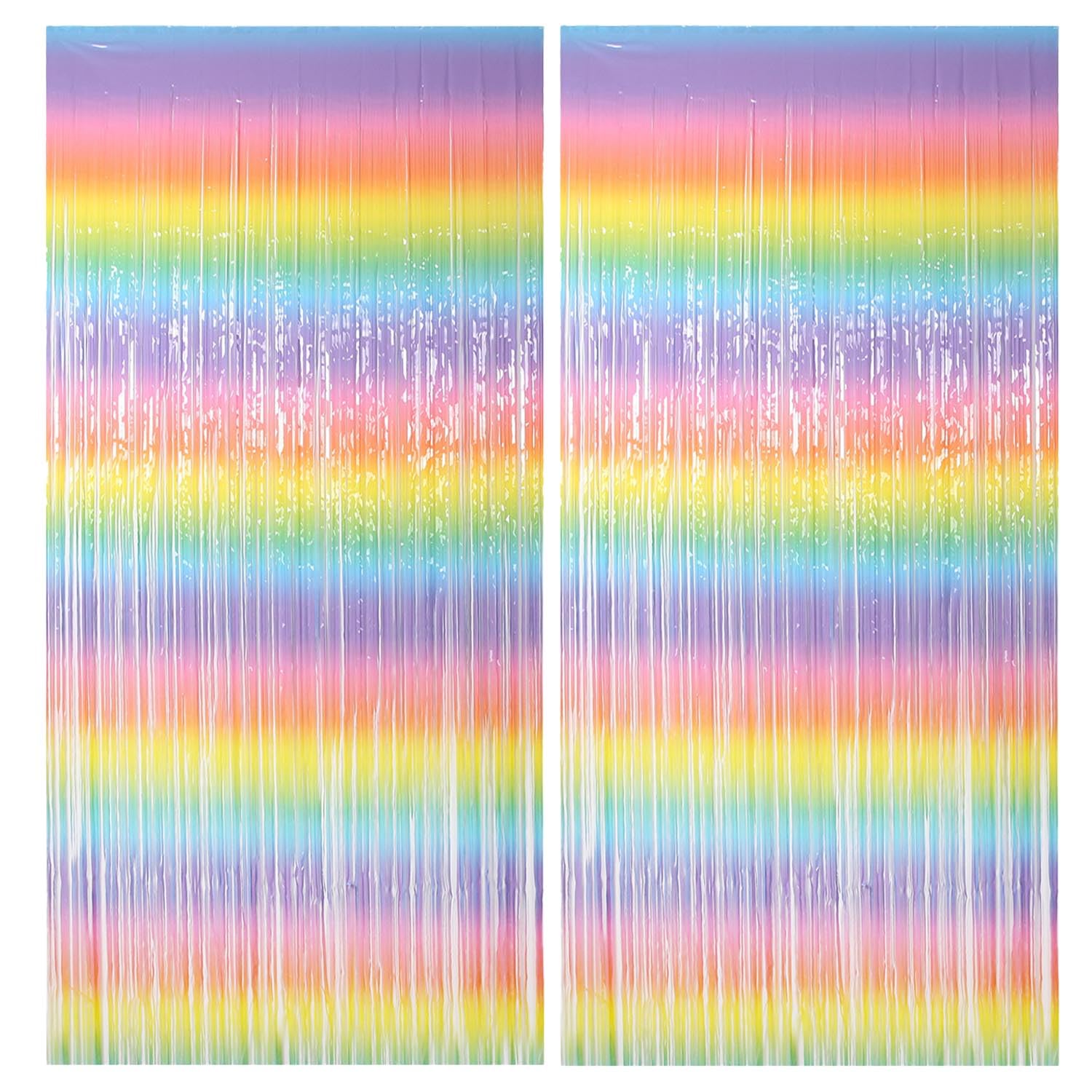 Xiksxitn 2 Pack 3.2 ft x 8.2 ft Pastel Rainbow Fringe Curtain Backdrop, Metallic Tinsel Foil Fringe Streamers Curtains Backgroun