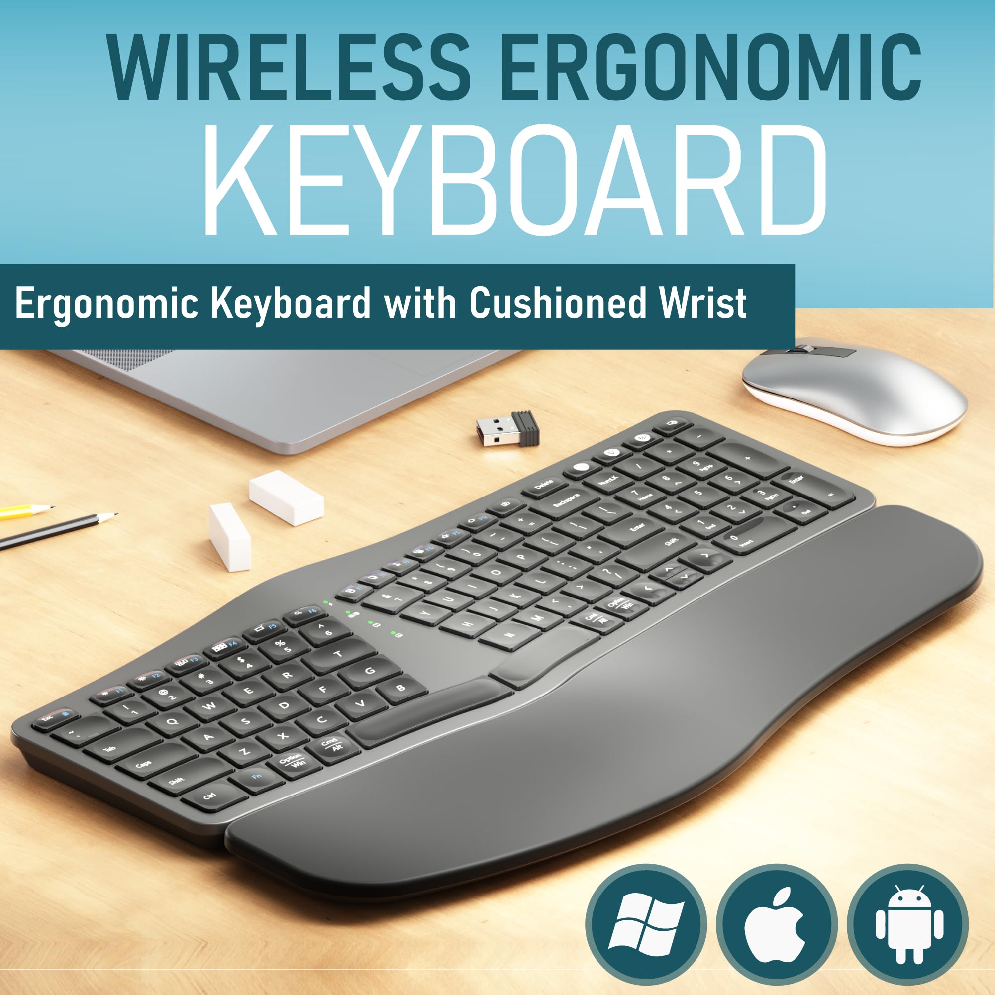 Rock&Rown Ergonomic Keyboard Wireless With Cushioned Wrist Rest, Bluetooth And 2.4G Usb Wireless, Rechargeable Split Ergonomic K