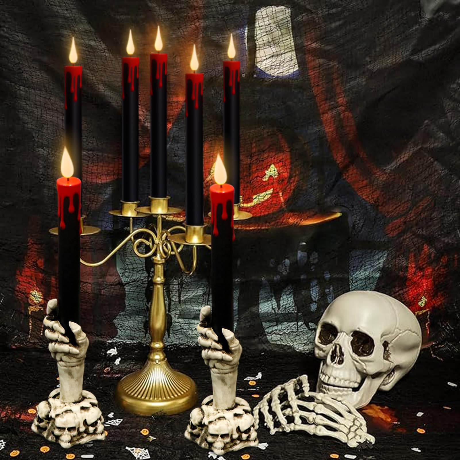 Wondise Halloween Flameless Taper Candles With Remote And Timer, Black Battery Operated Dripping Wax Led Flickering Candles With