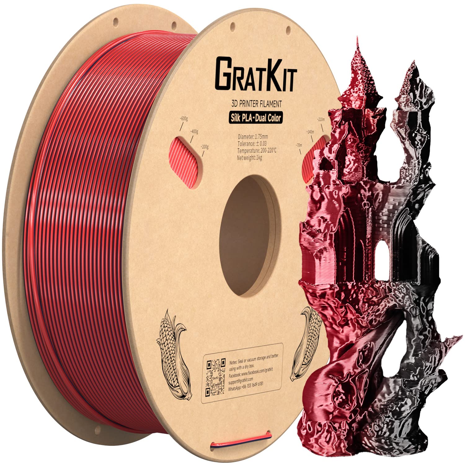 Gratkit Silk Dual Color PLA Filament, Coextrusion PLA Filament 1.75mm, +/-0.03mm, 1KG/Roll, Silk PLA Black & Red