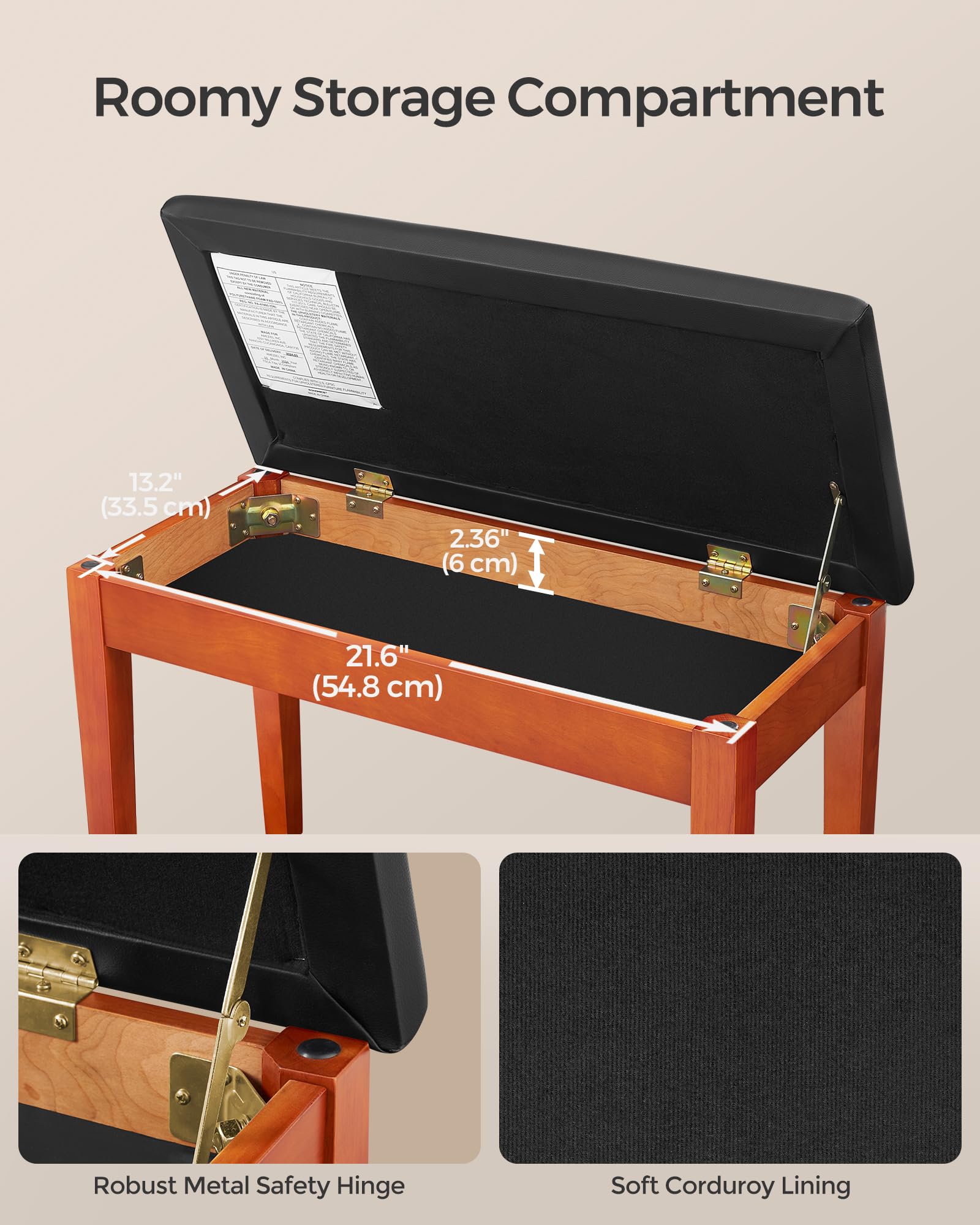 Songmics Duet Piano Bench With Padded Cushion And Storage Compartment, Piano Chair Seat, 13.4 X 29.1 X 19.7 Inches, Ink Black An