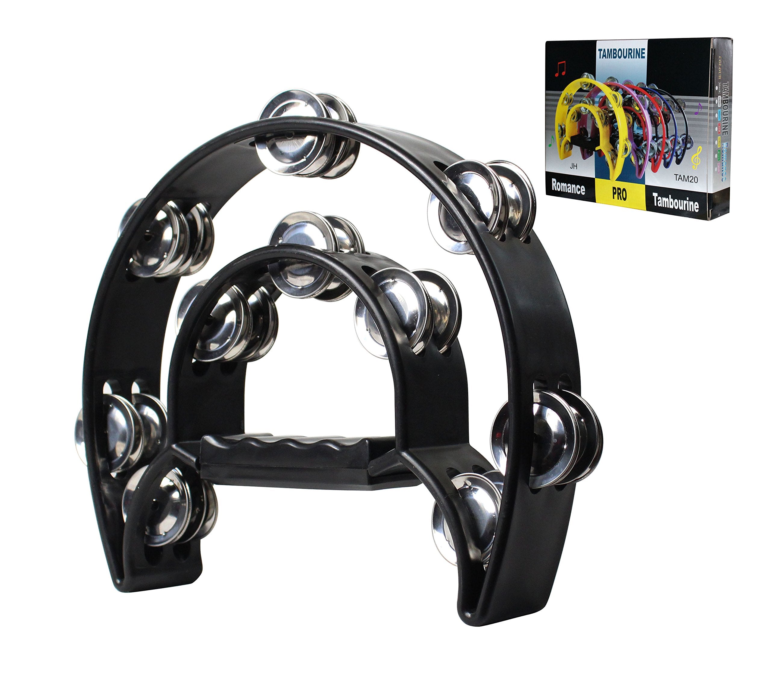 YMC TAM20BLACK Double Row Tambourine  Metal Jingles Hand Held Percussion Ergonomic Handle