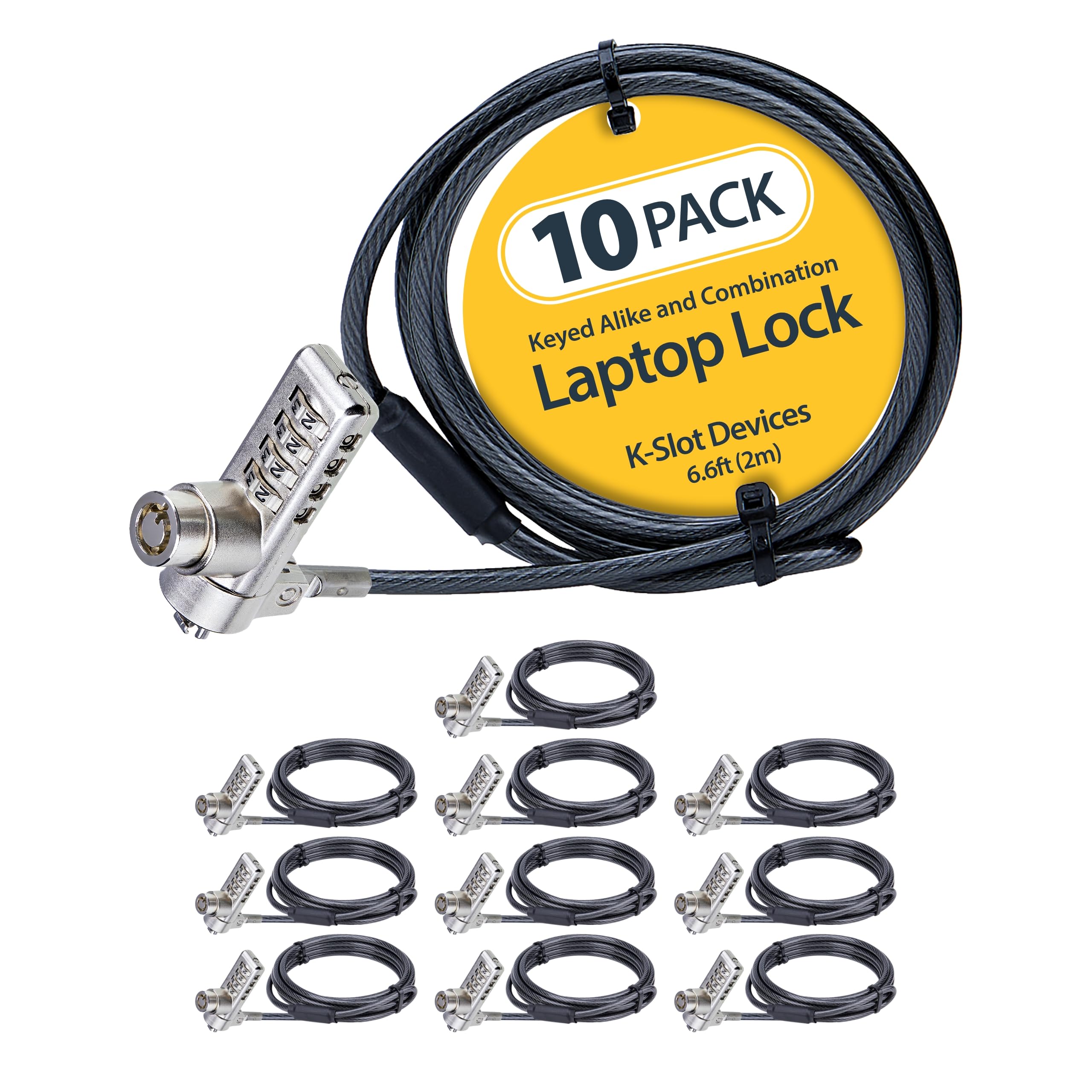 10-Pack Dual-Access Laptop Lock, 6.5Ft (2M) Keyed Alike And Combination Security