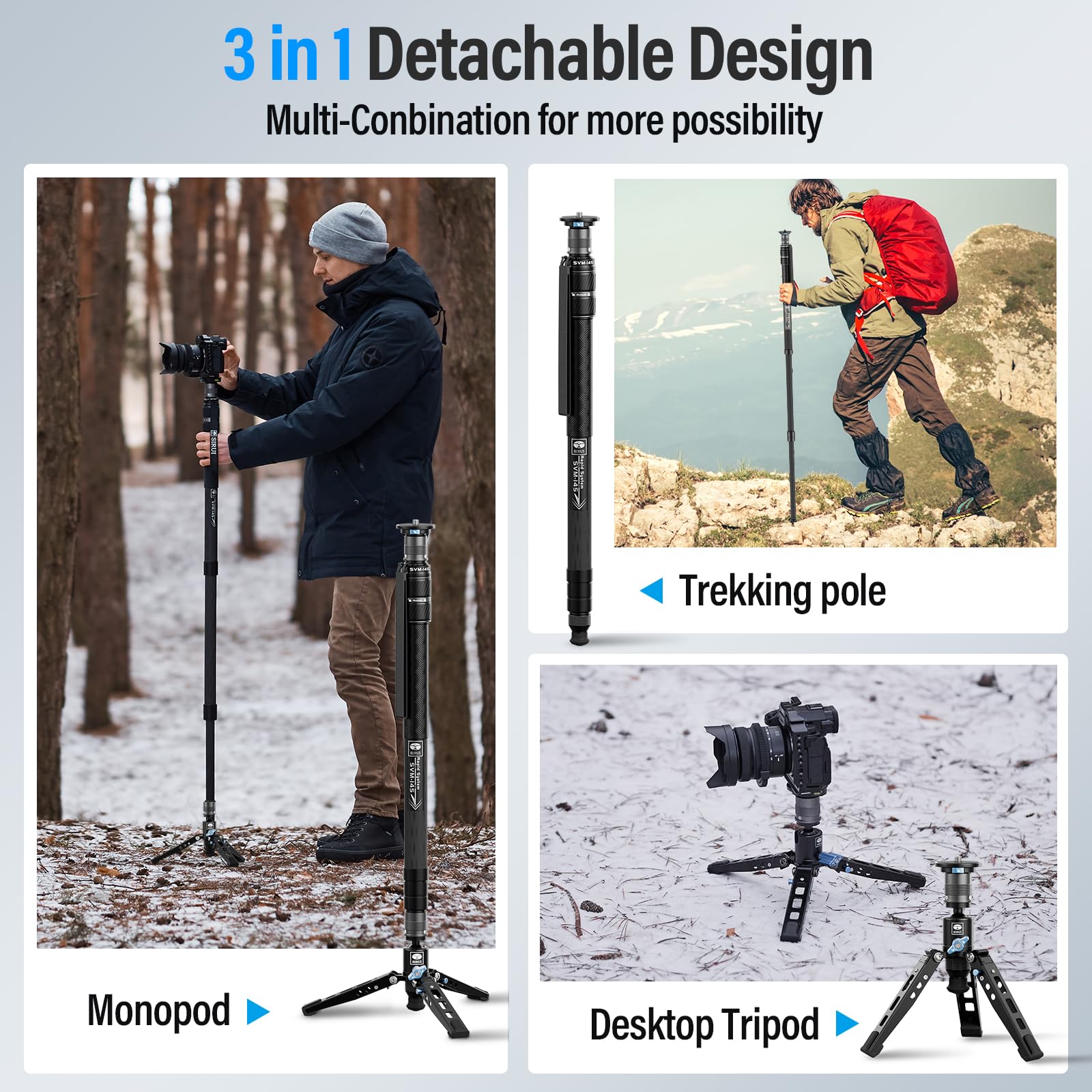 Sirui Svm 145 Rapid Monopod With Feet, 57� Professional Carbon Fiber Camera Monopod, One Step Rapid Height Adjustment, Lightweight Travel Monopod For Dslr Camera, Modular 3 In 1, Max Load 22Lbs