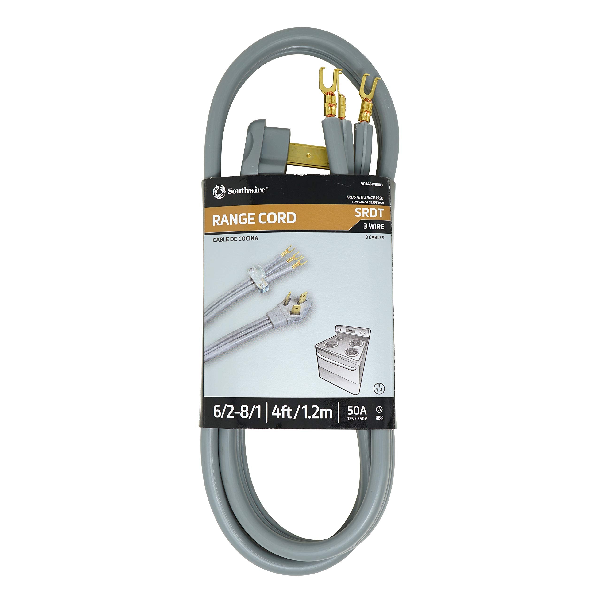 Southwire 9014Sw8809 Range Power Cord; 4 Foot; 1/4 Inch Flanged Terminals; Flat Plug; Compatible With Most Standard Free Standin