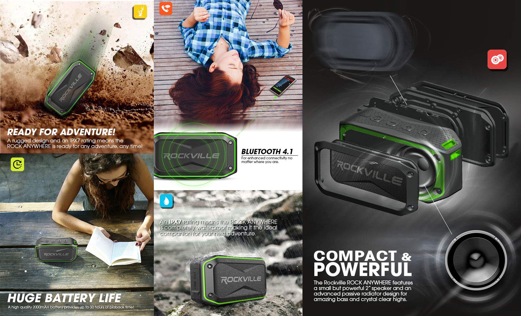 Rockville (2) Rock Anywhere Waterproof Portable Bluetooth Speakers+Tws Linking