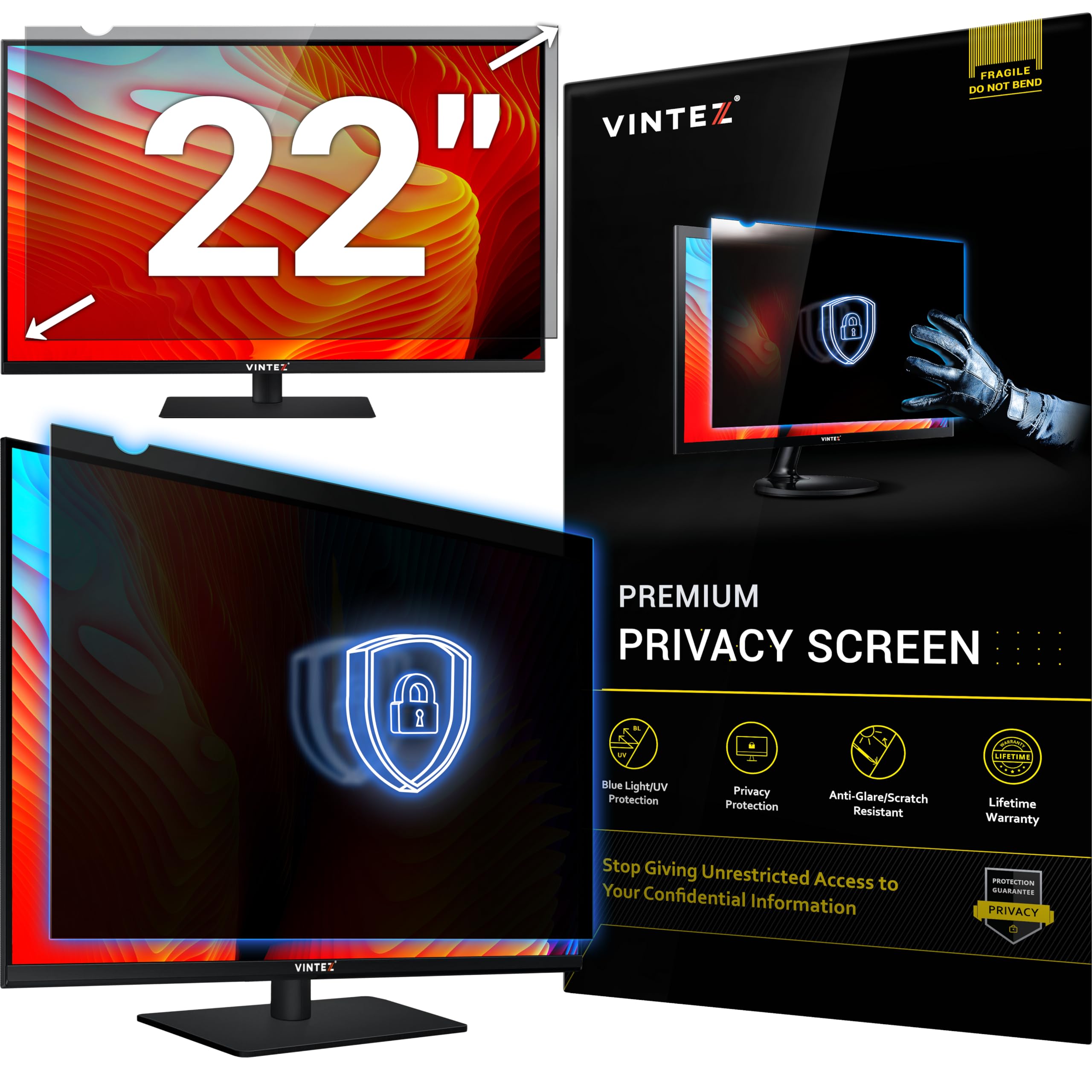 Vintez 22 Inch 16:10 Computer Privacy Screen Filter For Widescreen Monitor And Laptop   Anti Glare   Anti Scratch Protector Film