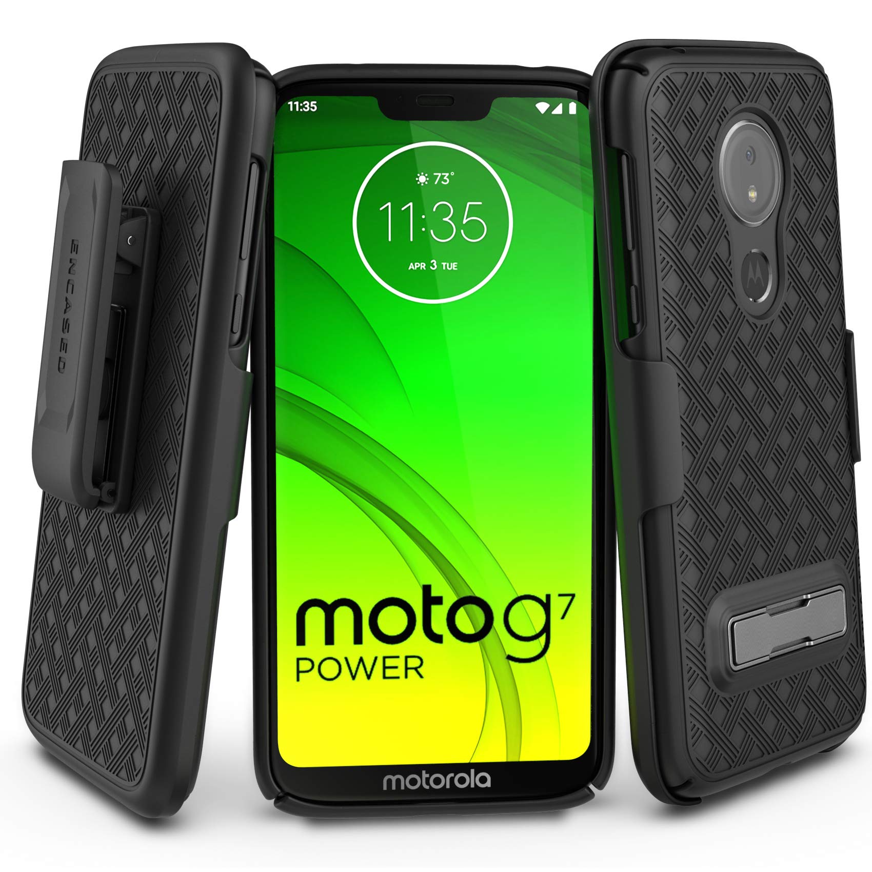 Encased Moto G7 Power Belt Case With Kickstand (2019 Slimline) Ultra Thin Cover W/Holster Clip   Black