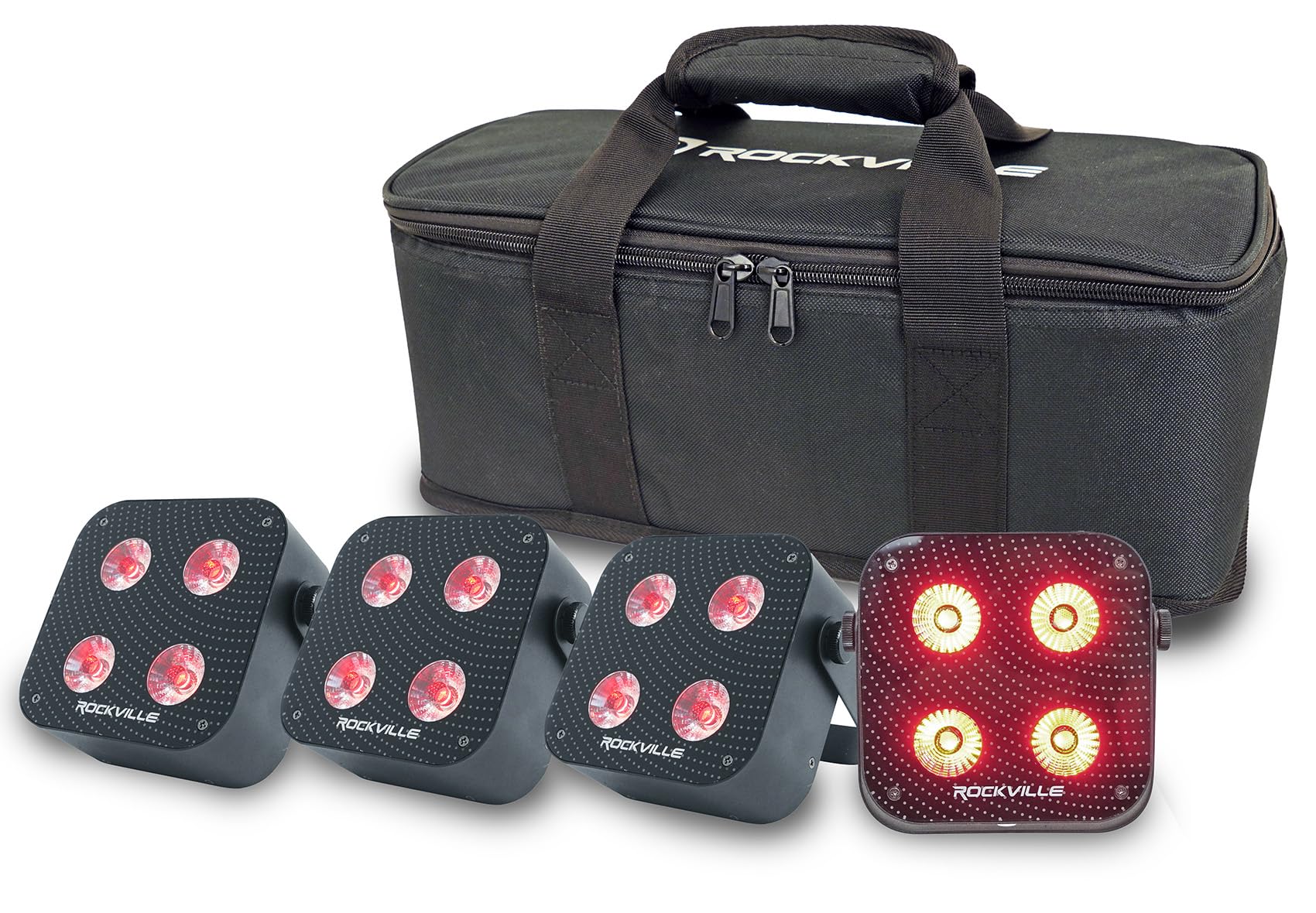 Rockville 4 Pack MINI RF4 V2 Black LED Wash Up Light, RGBWA+UV, Compact, App, Remote, LCD, Wireless DMX, Rechargeable, Perfect f