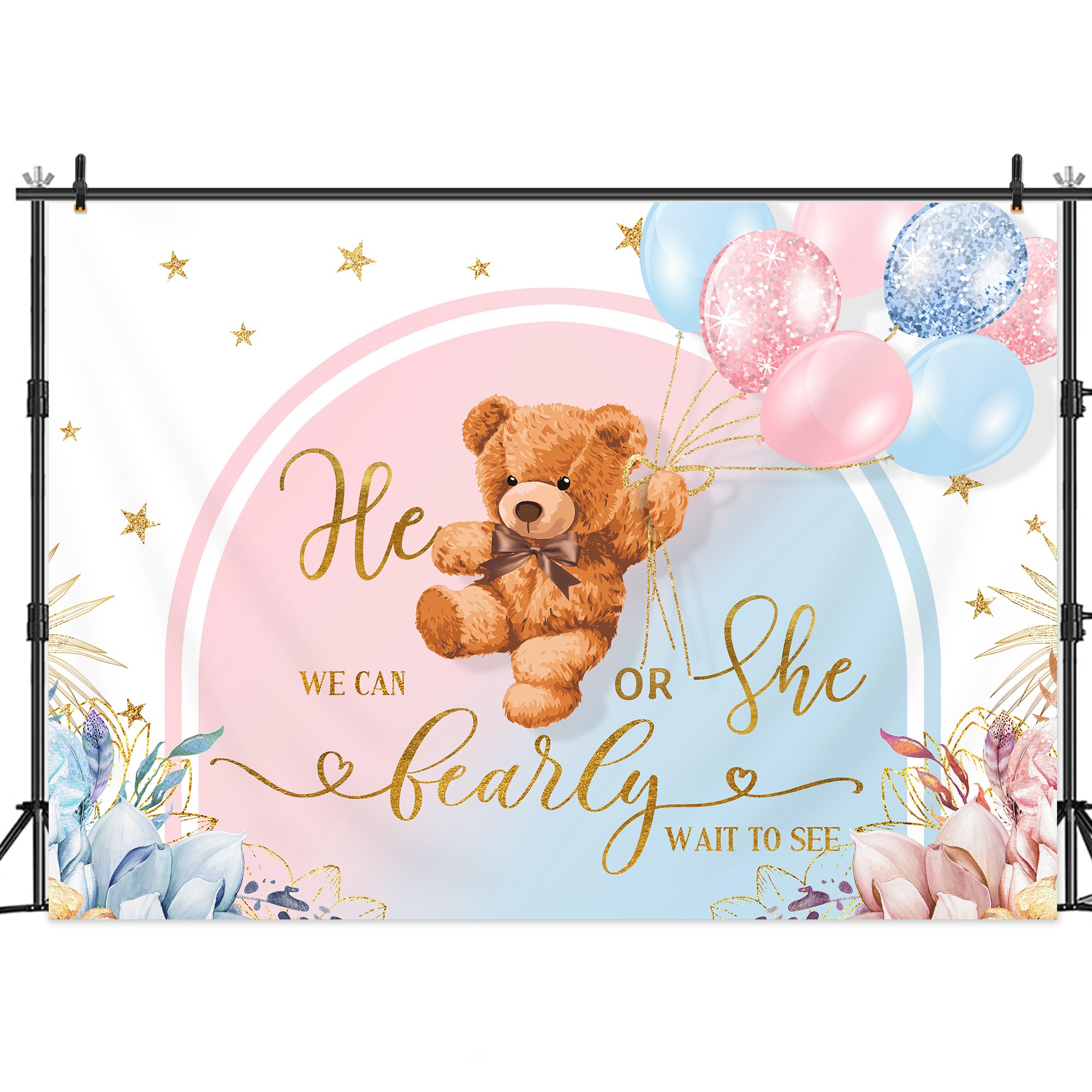 Lightinhome He Or She Gender Reveal Backdrop 7Wx5H Feet Pink Or Blue We Can Bearly Wait Boho Floral Cartoon Cute Bear Baby Showe