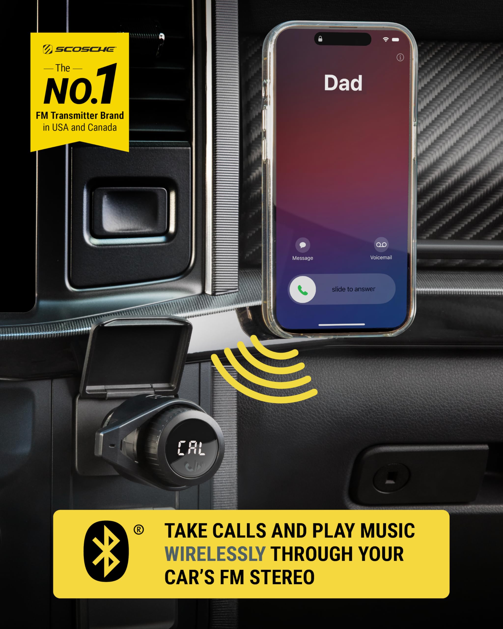 Scosche Btfm9 Fm Bluetooth Transmitter Car, Dual 12W Usb C And Usb A Charging Ports, Fast Type C Car Charger, Wireless Radio Blu