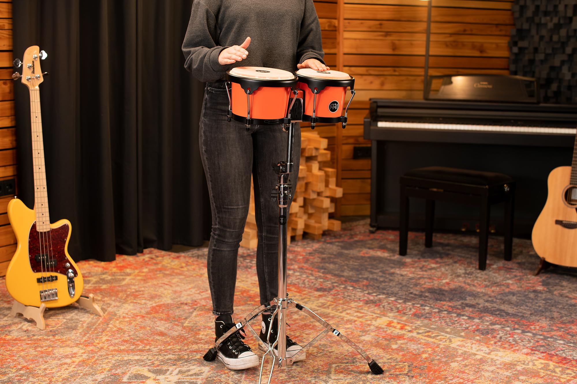 Bongo Drum Set With Durable Synthetic All-Weather Shells, Journey Series - Not Made In China - Natural Buffalo Skin Heads, 2-Yea