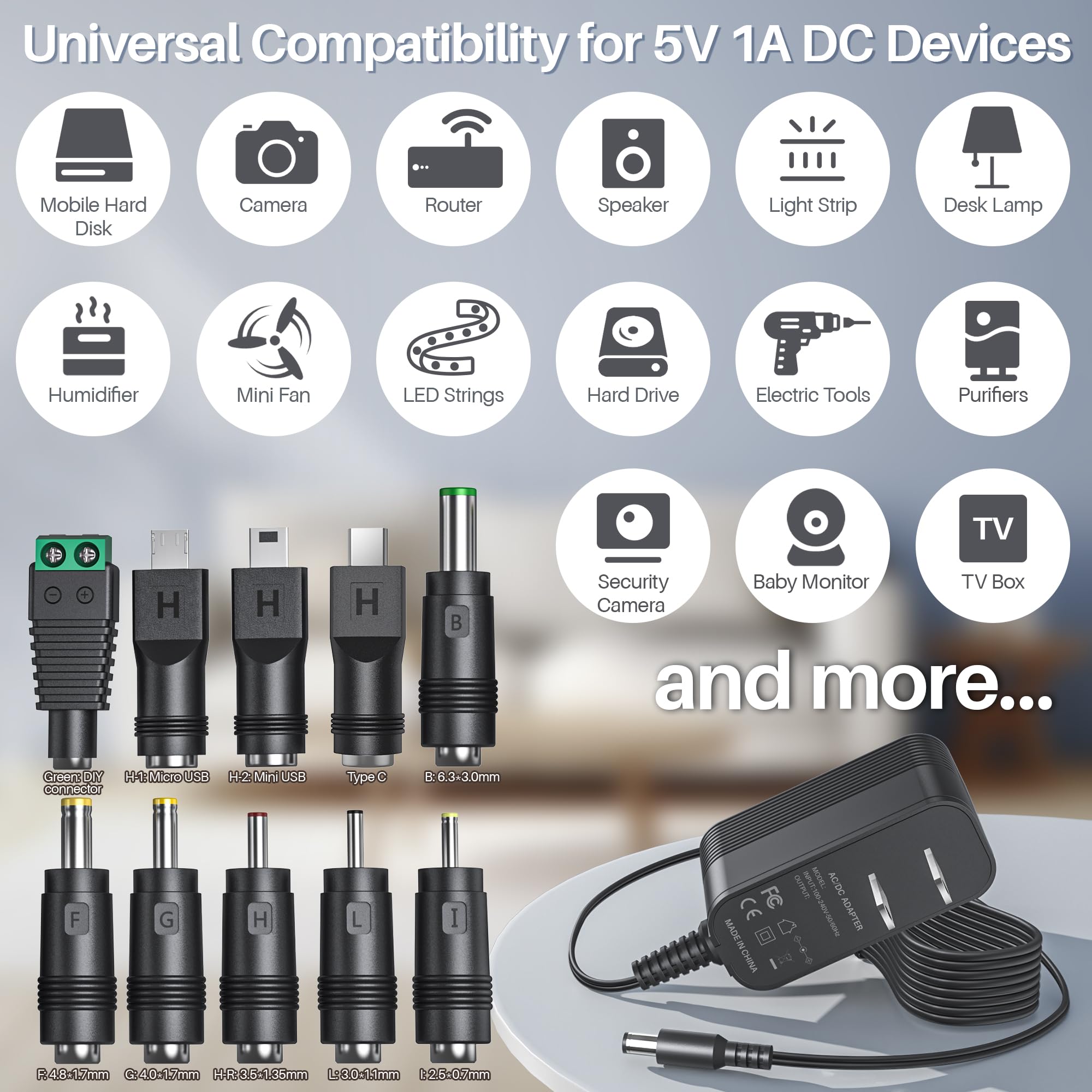 5V 1A Charger Power Cord Ac Adapter 5V Power Supply Dc For Regulated Switching With 10 Interchangeable Jacks Universal For 100Ma