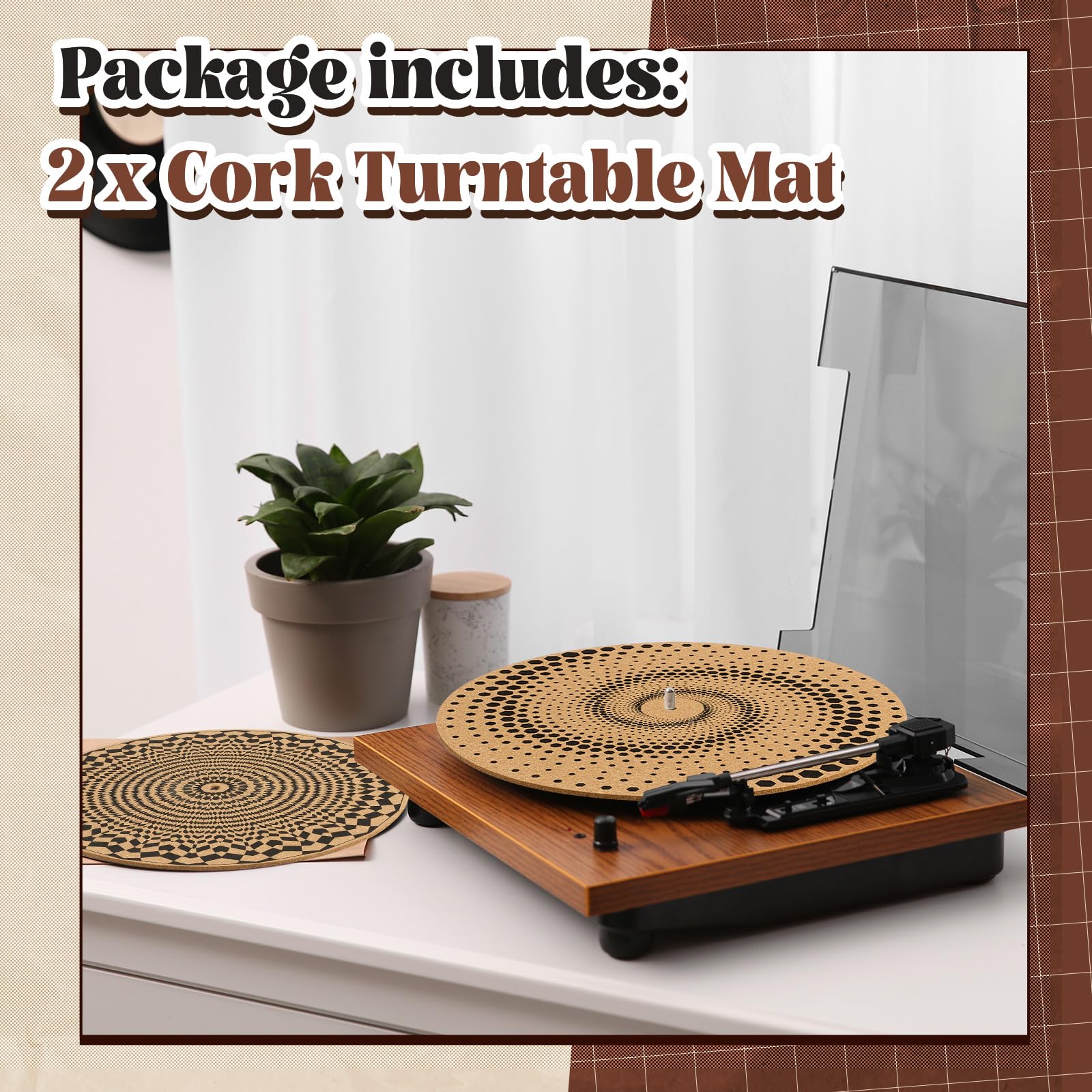 Briwooody 2 Pcs Cork Turntable Mat/3Mm Thick For Better Sound Support On 11.8 Inches Vinyl Lp Record Player Turntable Slipmat Ps
