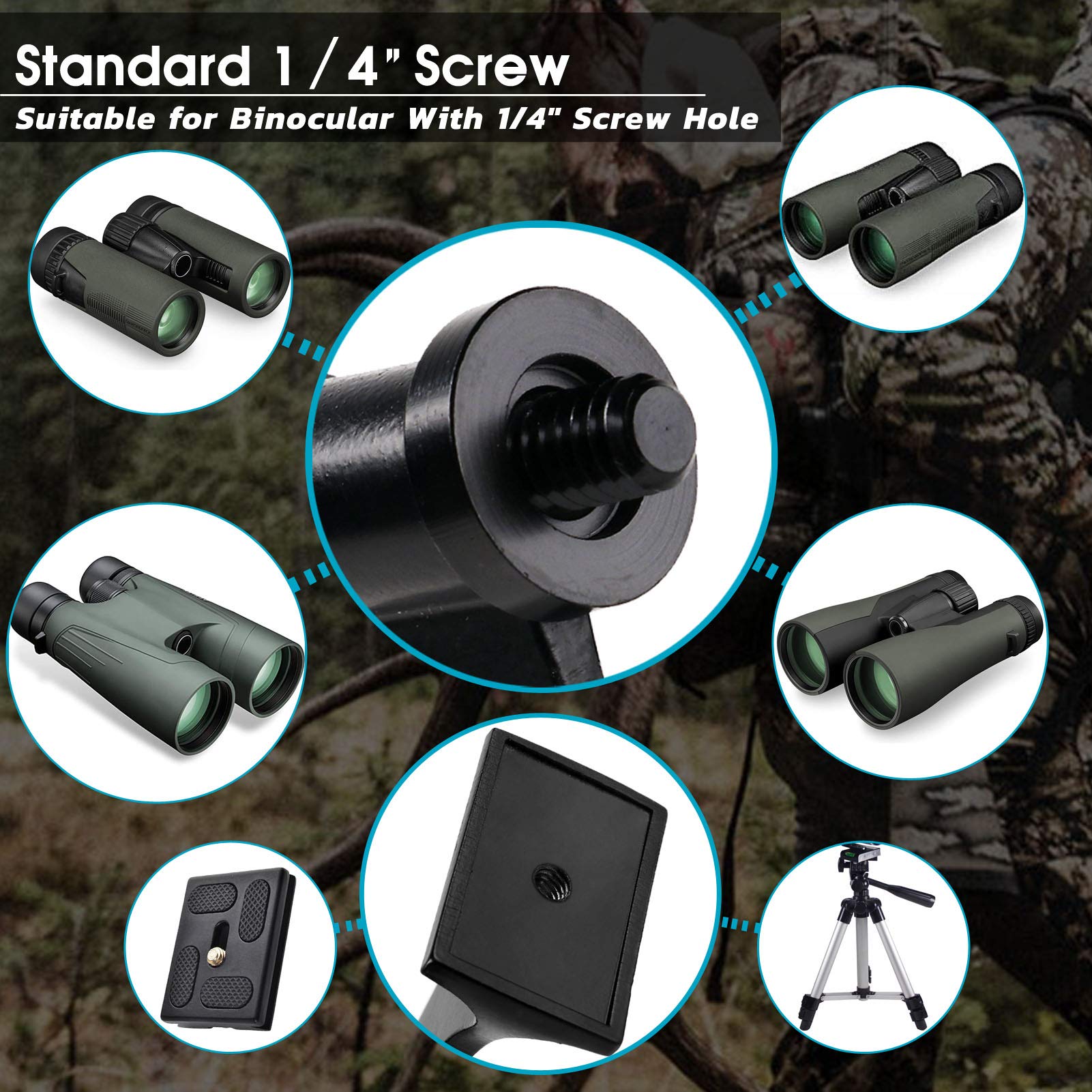Binocular Tripod Adapter, Binocular Mount 1/4 Inch Threading Mount Aluminium,Tripod Adapter For Bird Watching, Safari Sports Eve