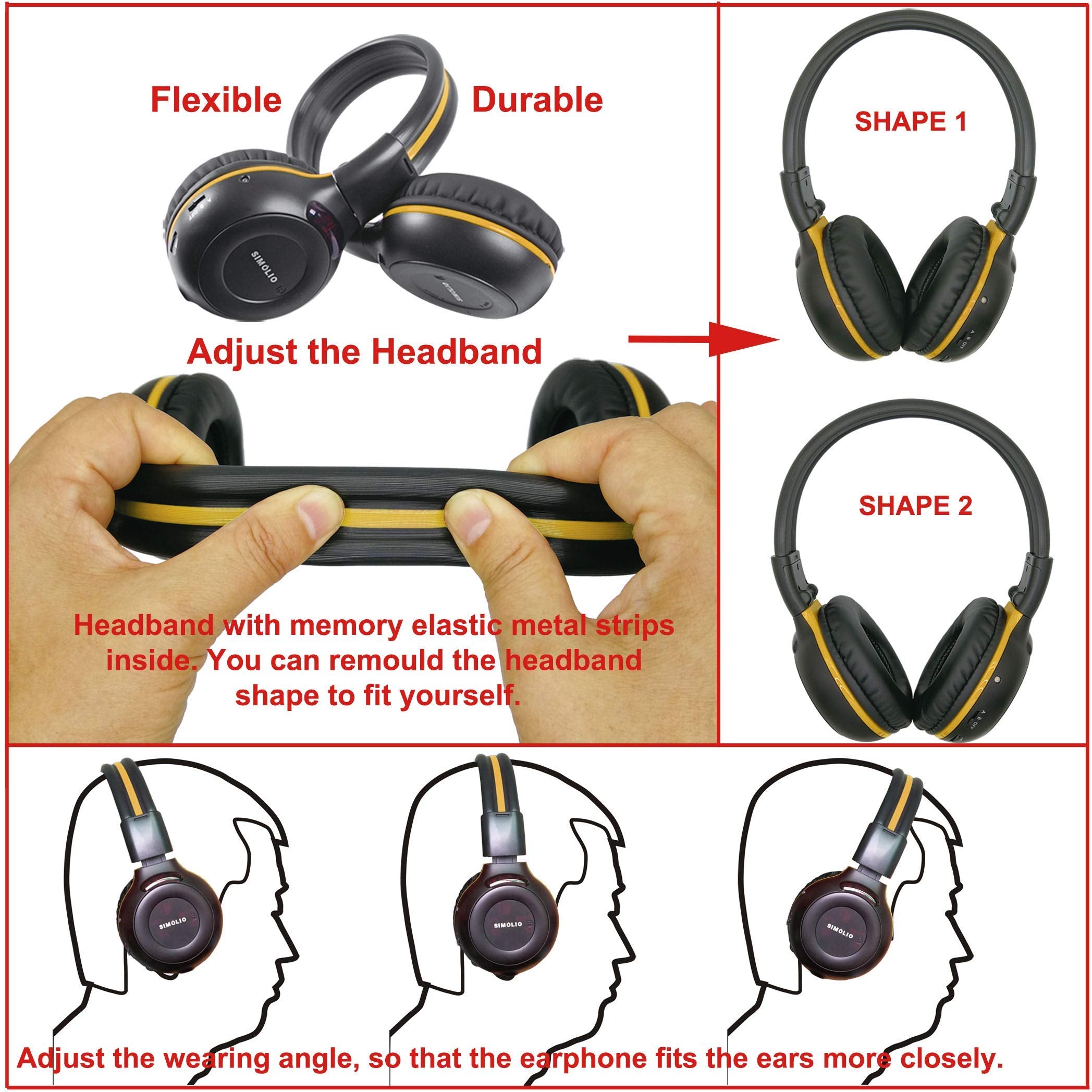 Simolio 4 Pack Ir Car Dvd Player Headphones For Kids, Wireless Infrared Headphones For Honda Pilot, Uconnect, Cadillac Escalade,