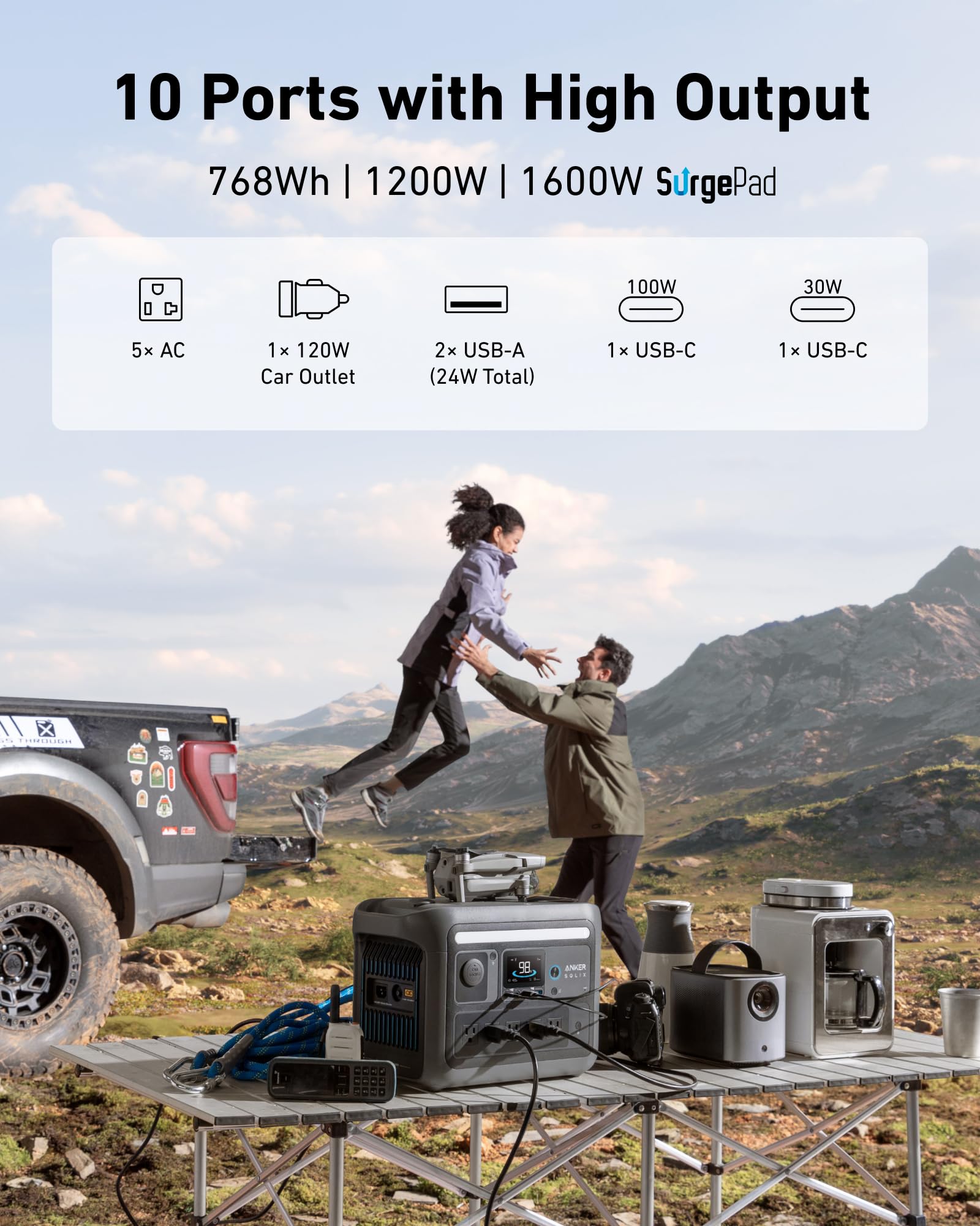 Anker Solix C800 Plus Portable Power Station, 1200W (Peak 1600W) Solar Generator With Camping Lights, 768Wh Lifepo4 Battery For