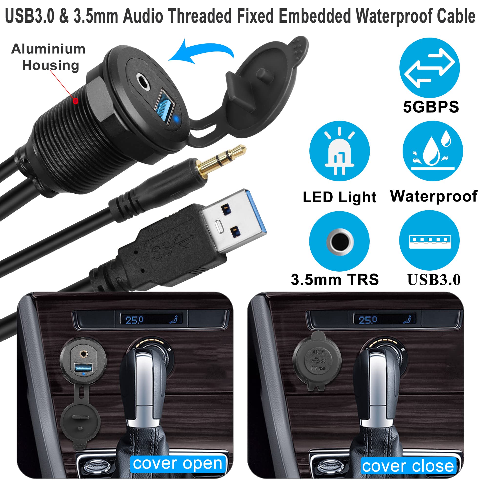 Qianrenon Usb3.0 & 3.5Mm Audio Threaded Fixed Embedded Car Waterproof Cable 5Gbps Trs 3.5Mm & Usb3.0 Dashboard Panel Mount Exten