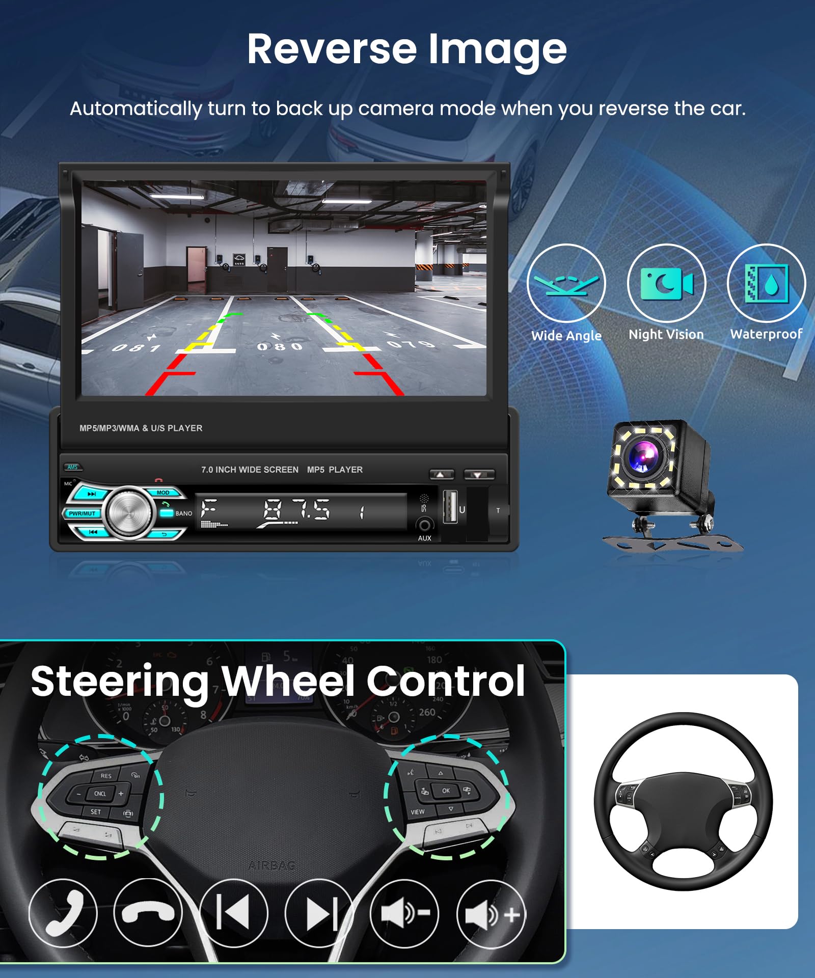 Car Stereo Single Din Touchscreen Car Radio With Bluetooth, Rimoody 7 Inch Electric Flip Out Screen Mirror Link Fm Radio Aux  In