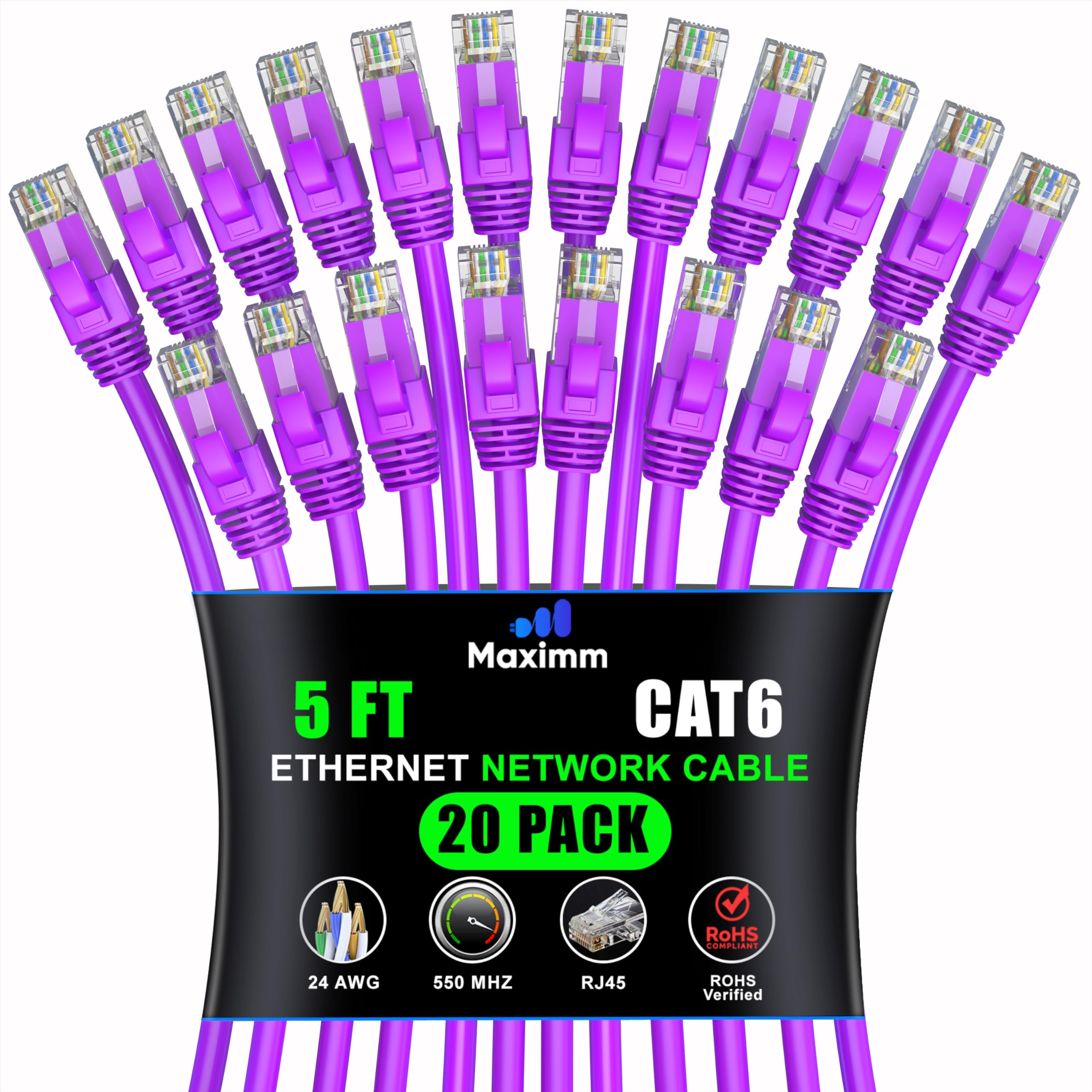 Maximm Cat 6 Ethernet Cable 5 Ft (20 Pack)   High Speed Lan Cable, Internet Cable, Patch Cable, And Network Cable   Utp, 10Gbps, 550Mhz Ethernet Cord   Purple