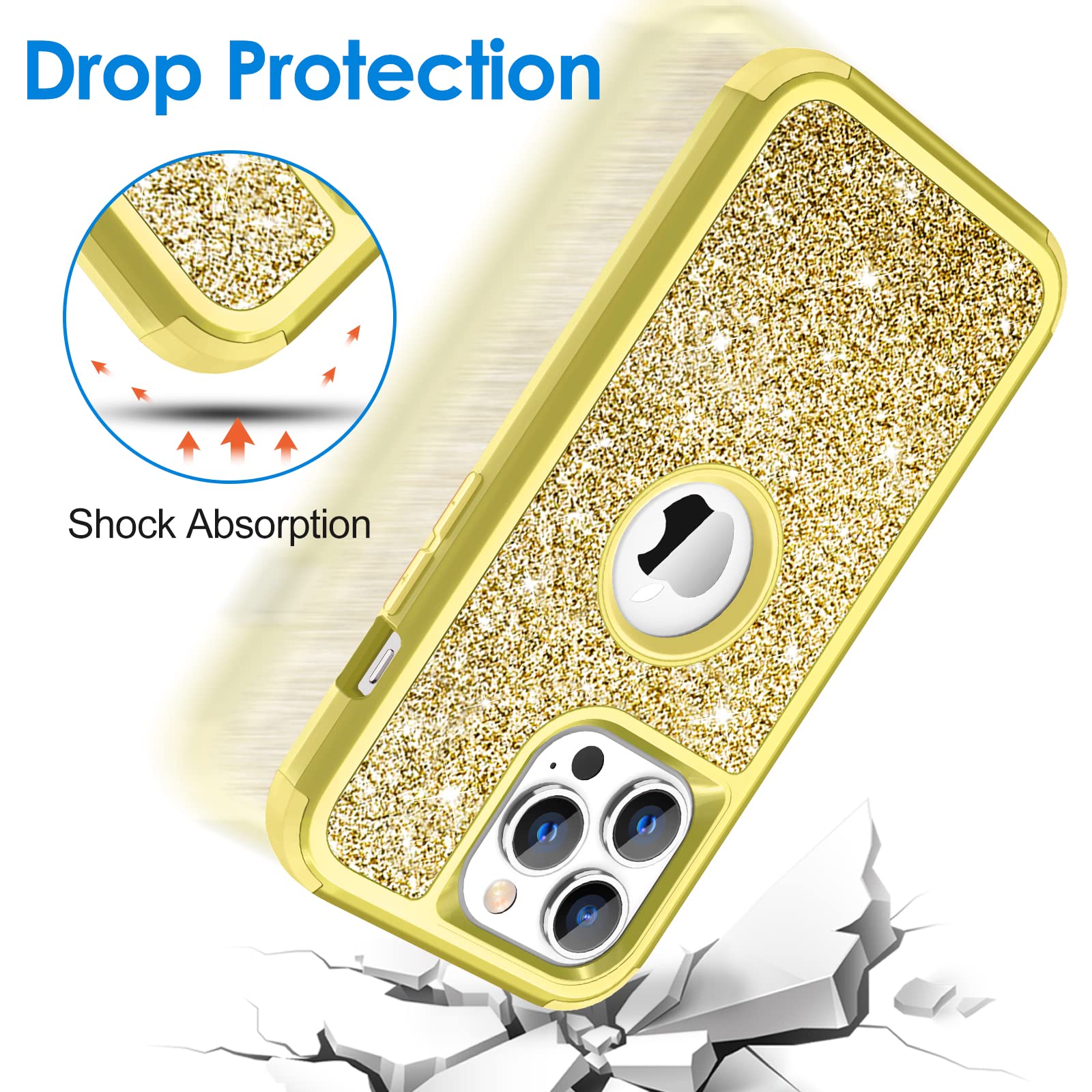 Hython Glitter Shockproof Hybrid Hard PC Soft TPU Phone Case for iPhone 13 Pro Max Yellow