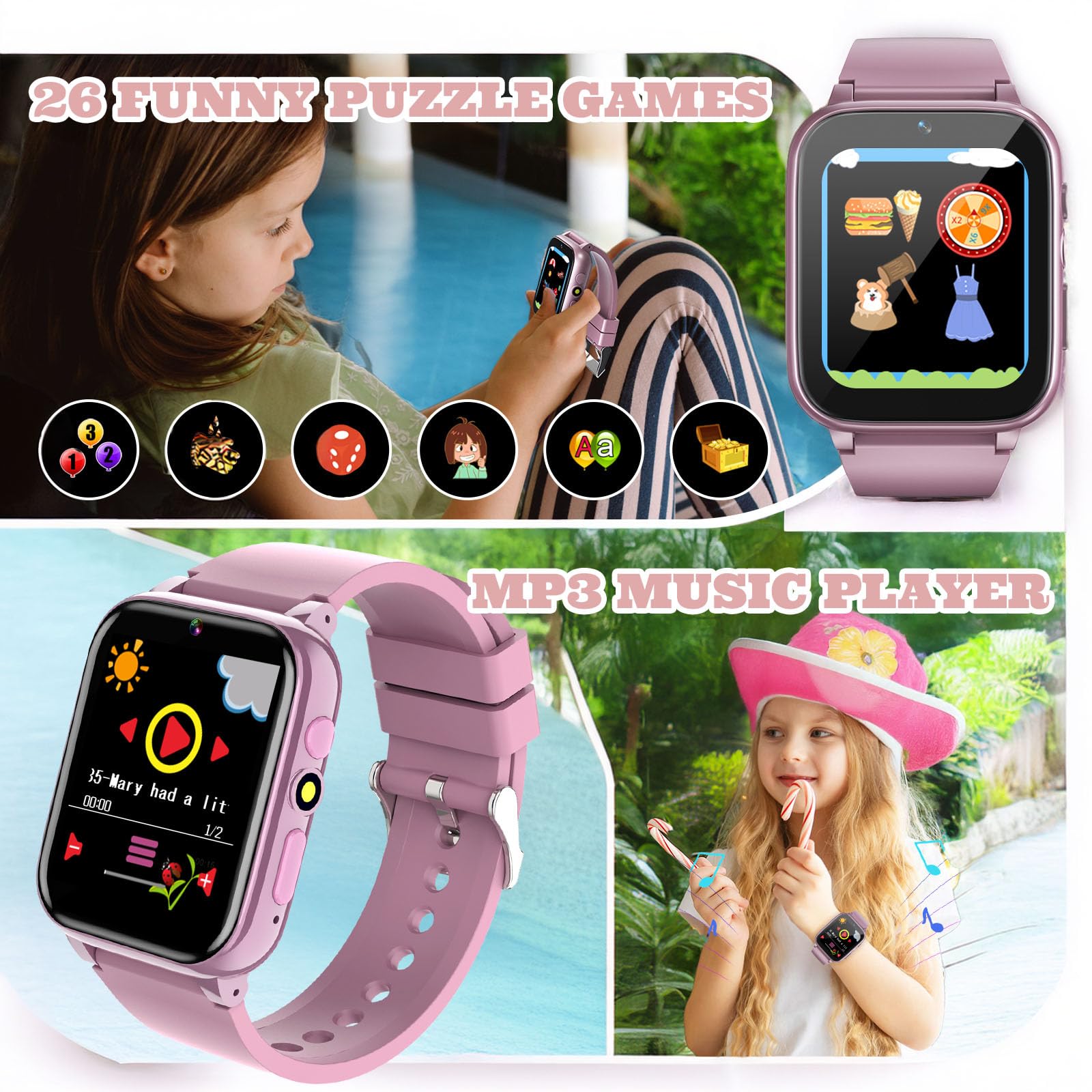 Happinno 1.69 ' ' Kids Smart Watch,Boys Girls Smartwatch, Pedomter 26 Puzzle Games Camera Video Music Player Flashlight Alarm Cl