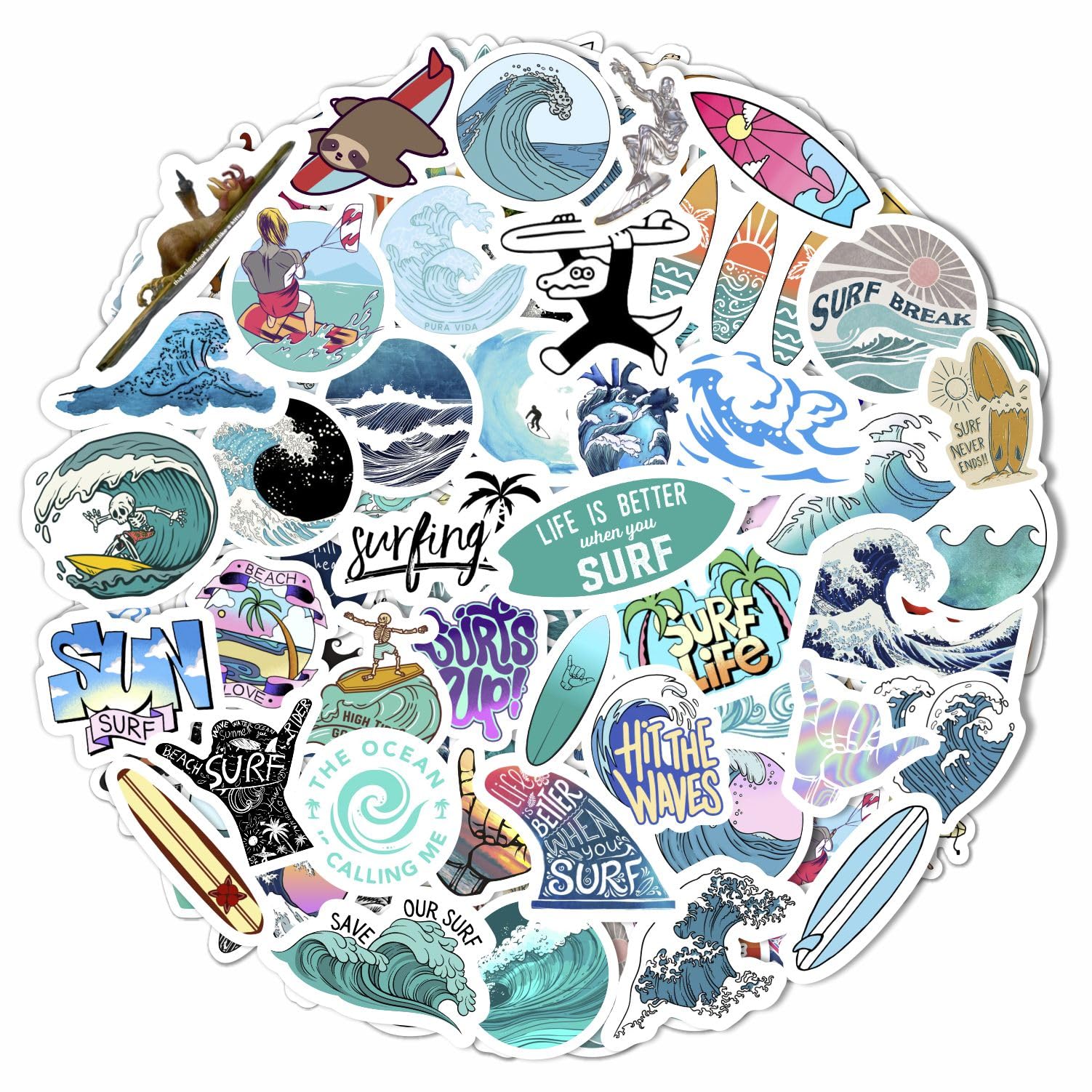 Surf & Wave Stickers For Water Bottle And Laptop   Ocean Party Favors & Decorations, Waterproof Vinyl Beach Decals, Surfing And 