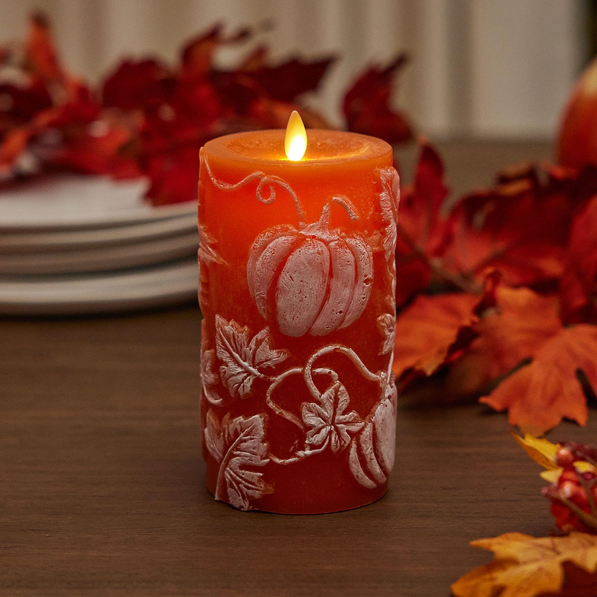 Luminara Embossed Leaves And Pumpkins Moving Flame Pillar Candle 3.25'' X 6.5'' With Recessed Edge Unscented Real Wax Led Batter