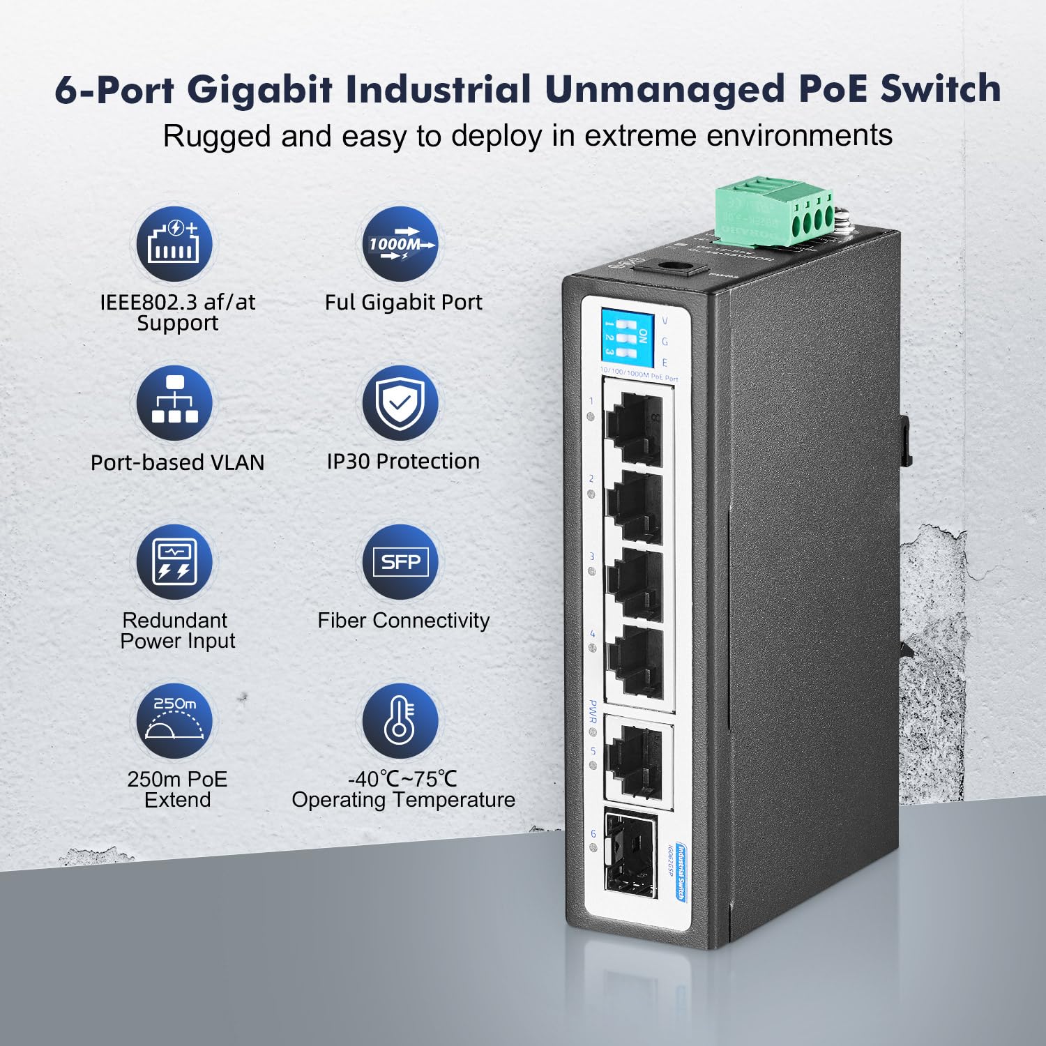 Yulinca 6 Port Mini Gigabit Industrial Din Rail Poe Switch, 4 X 100/1000Mbps Poe Ports,Ieee802.3Af/At Poe+, 1 Gigabit Uplink, 1