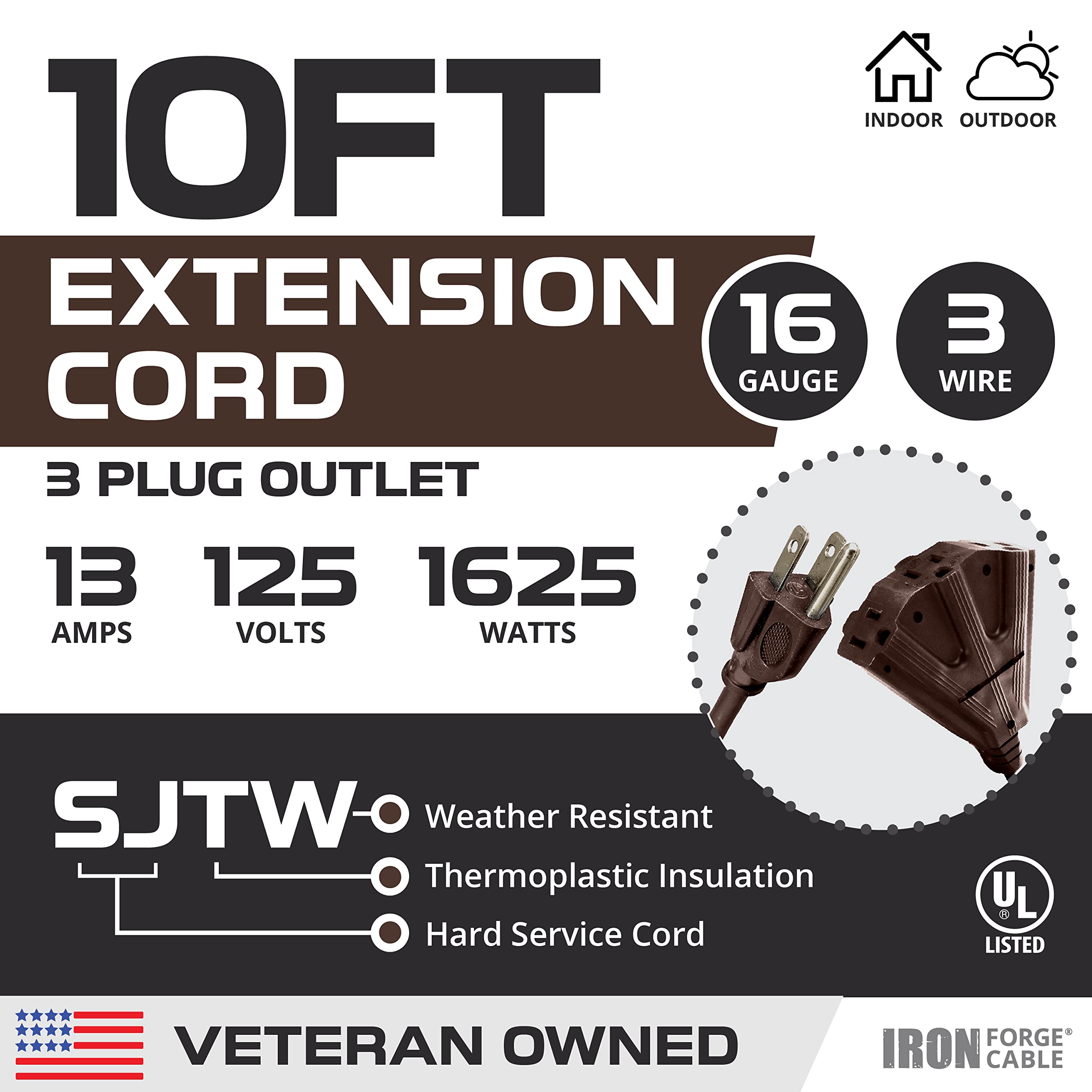 Iron Forge Cable 10 Ft Brown Extension Cord With 3 Outlets,16/3 Sjtw Heavy Duty Outdoor Extension Cord Multiple Outlets 3 Prongs