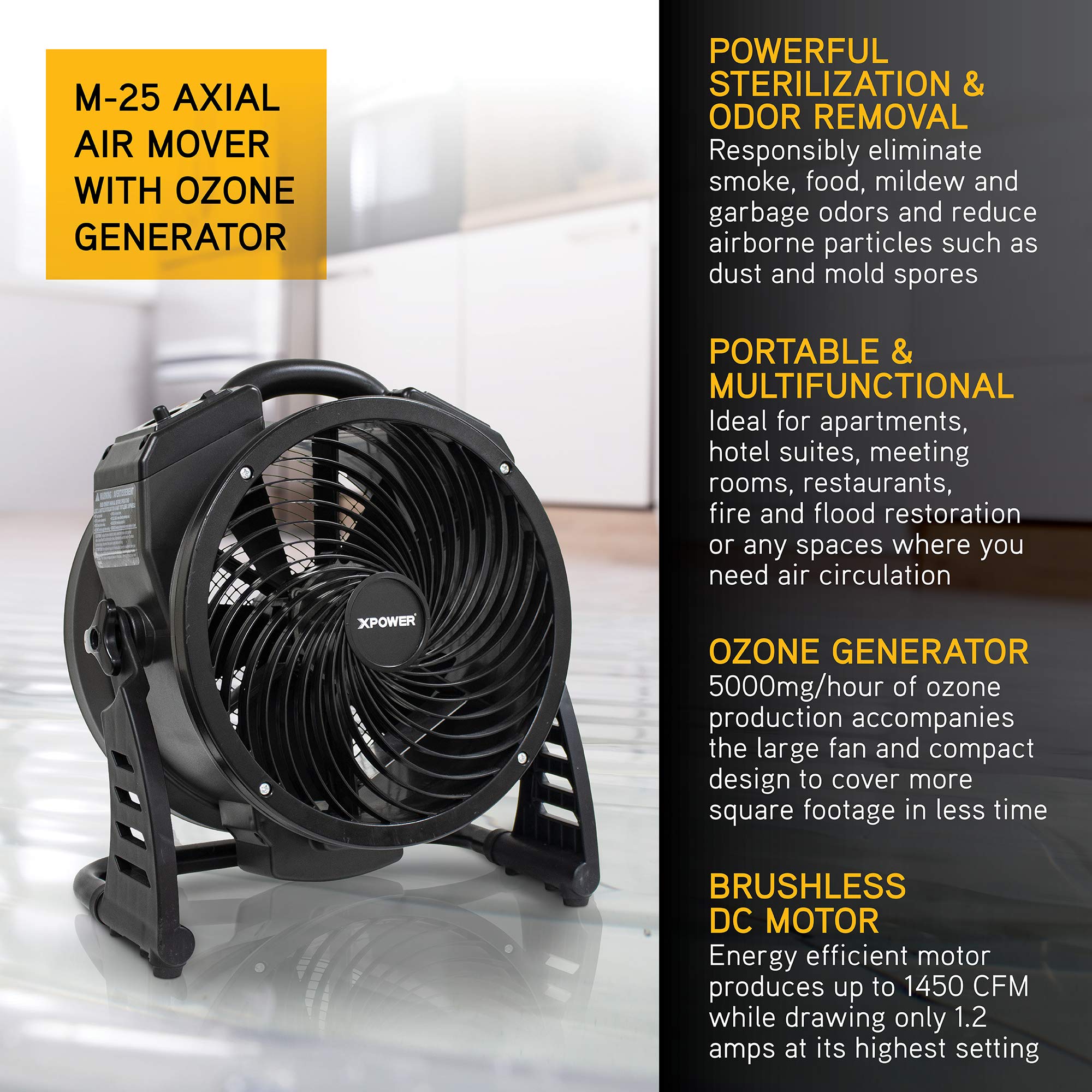 Xpower M 25 Air Neutralizing Fan, Axial Air Mover W/Ozone Generator, O3 Machine, Commercial, High Capacity, Large Areas, Sanitiz