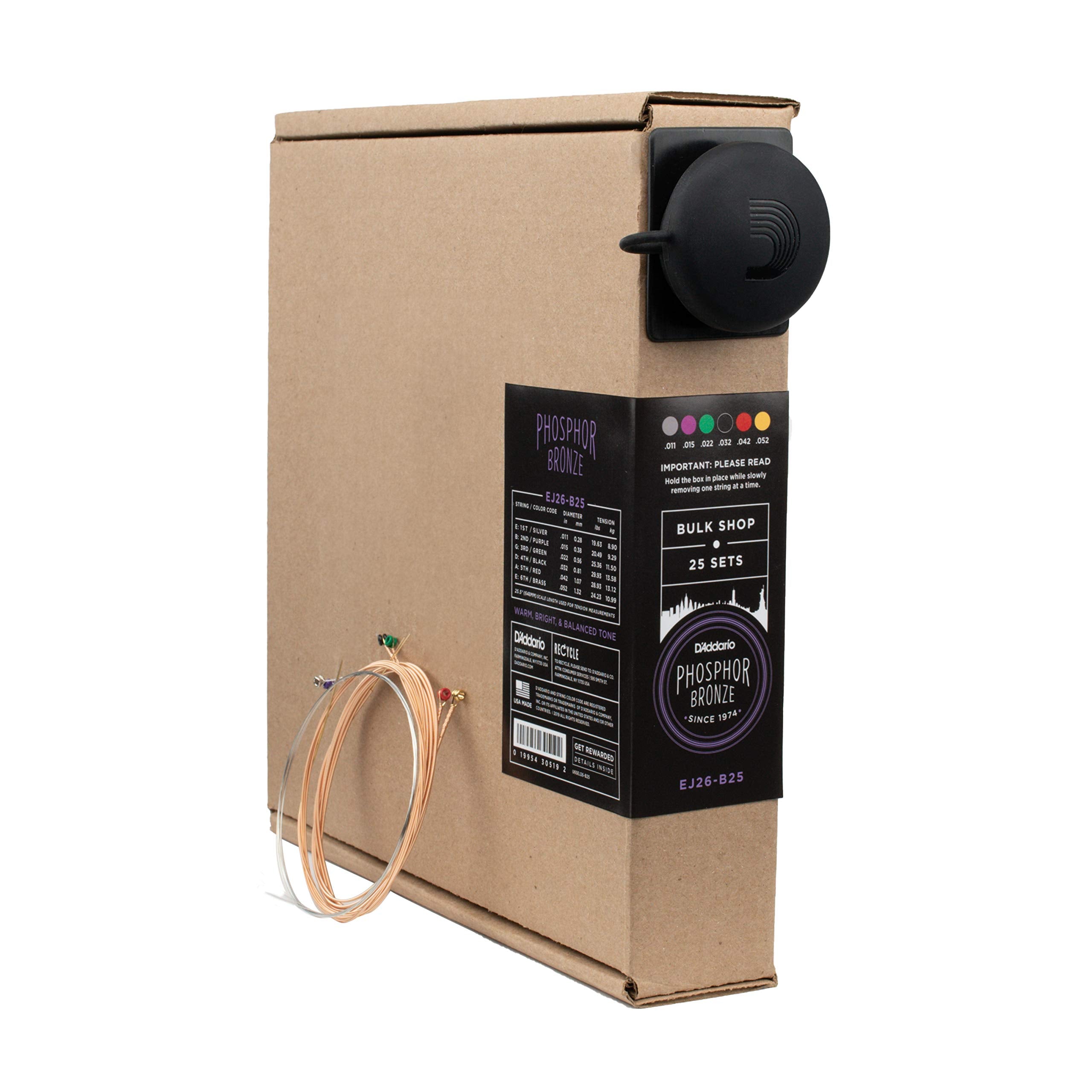 D'Addario Guitar Strings   Phosphor Bronze Acoustic Guitar Strings   Ej26 B25   Rich, Full Tonal Spectrum   For 6 String Guitars   11 52 Custom Light, 25 Set Bulk Box